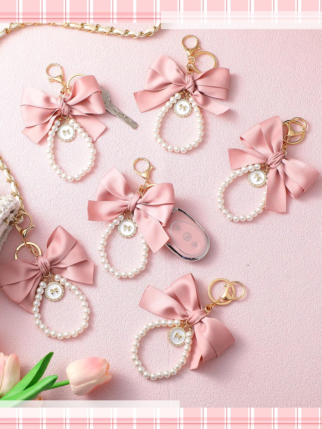Sureio Pink Bow Keychain Coquette Pearl Bowknot Keyring Bulk Wristlet Keychain Vintage Ribbon Purse Charm for Women Handbags - Image 2