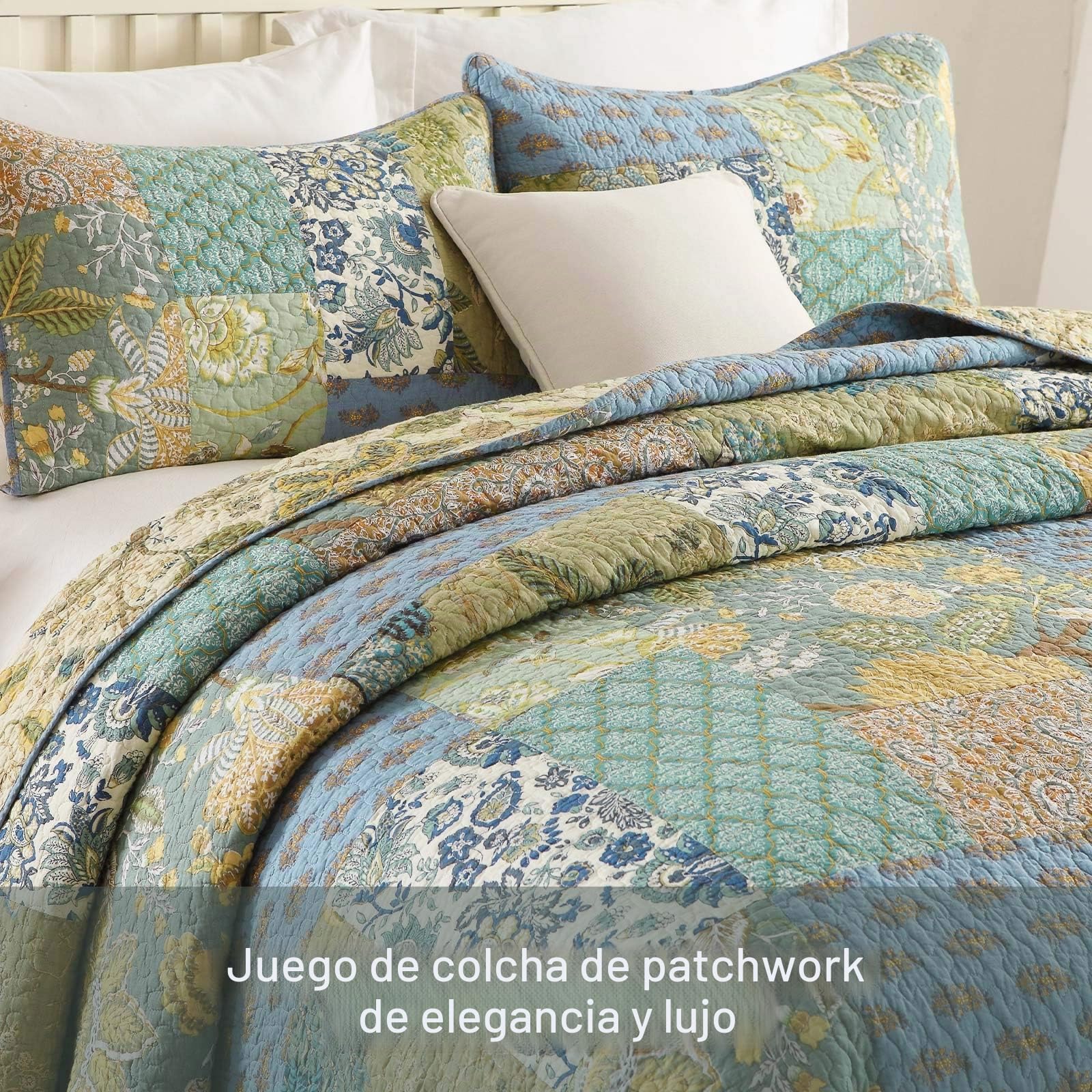 Qucover Juego de Colcha Patchwork para Cama 150 y Cama 180,Colcha Bouti 100% Algodón Cómodo, Cubrecama 240x260cm Verano/Invierno en Patrón Floral Verde,Manta Cama y Sofa Colcha Moderno Personalizado