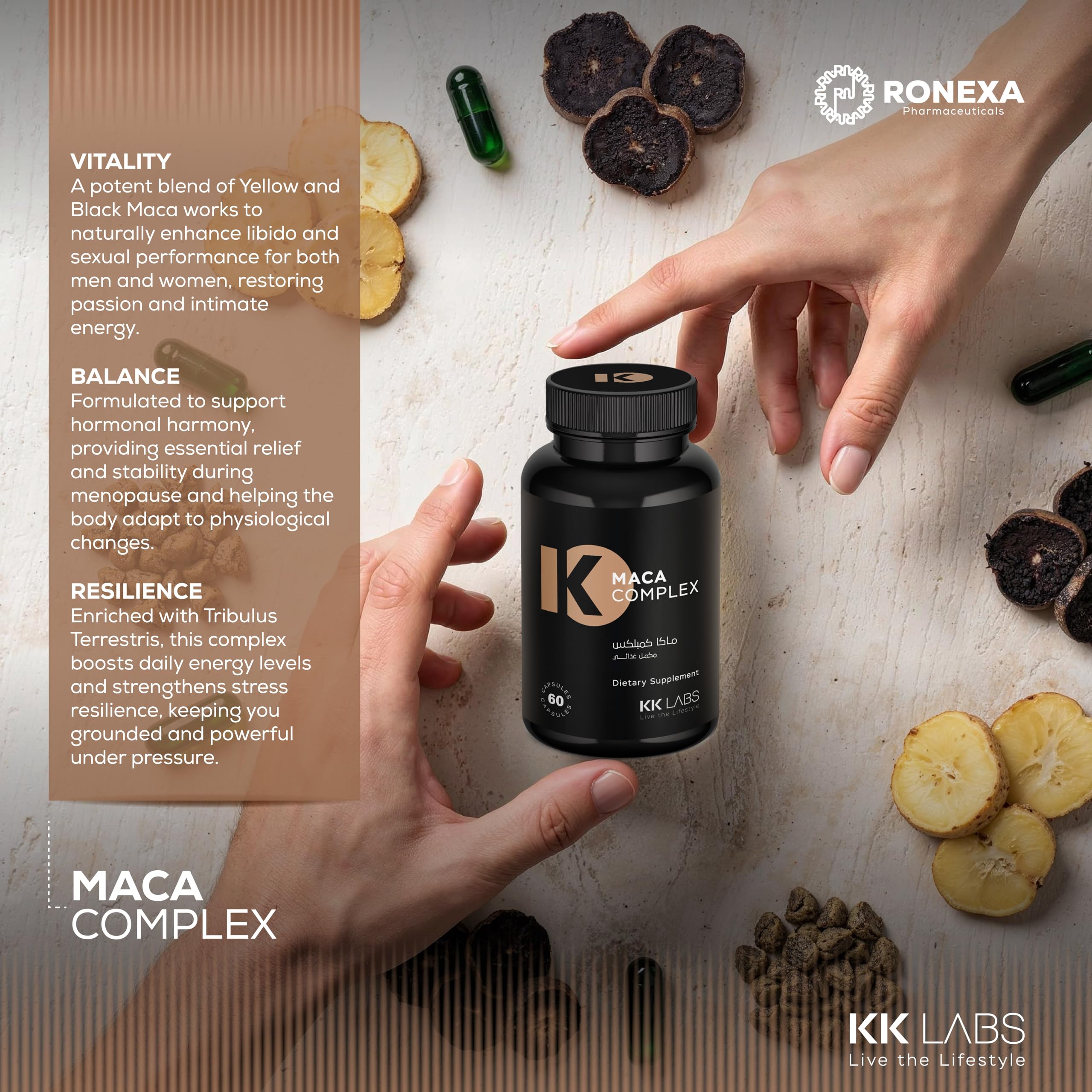 KK Labs Maca Complex 700mg 60 Capsules - Yellow Maca, Black Maca & Tribulus Terrestris Root Blend for Men & Women, Daily Energy, Stamina & Vitality Support for Active Lifestyles, 30 Servings
