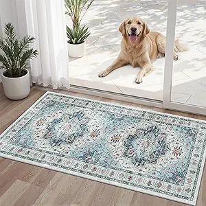 Madane Washable Area Rug 2x4, Small Entryway Rug Non-Slip Vintage Door Mat Indoor Entrance, Low Pile Floor Carpet Runner for Inside Front Door Kitchen Entry Laundry, Blue