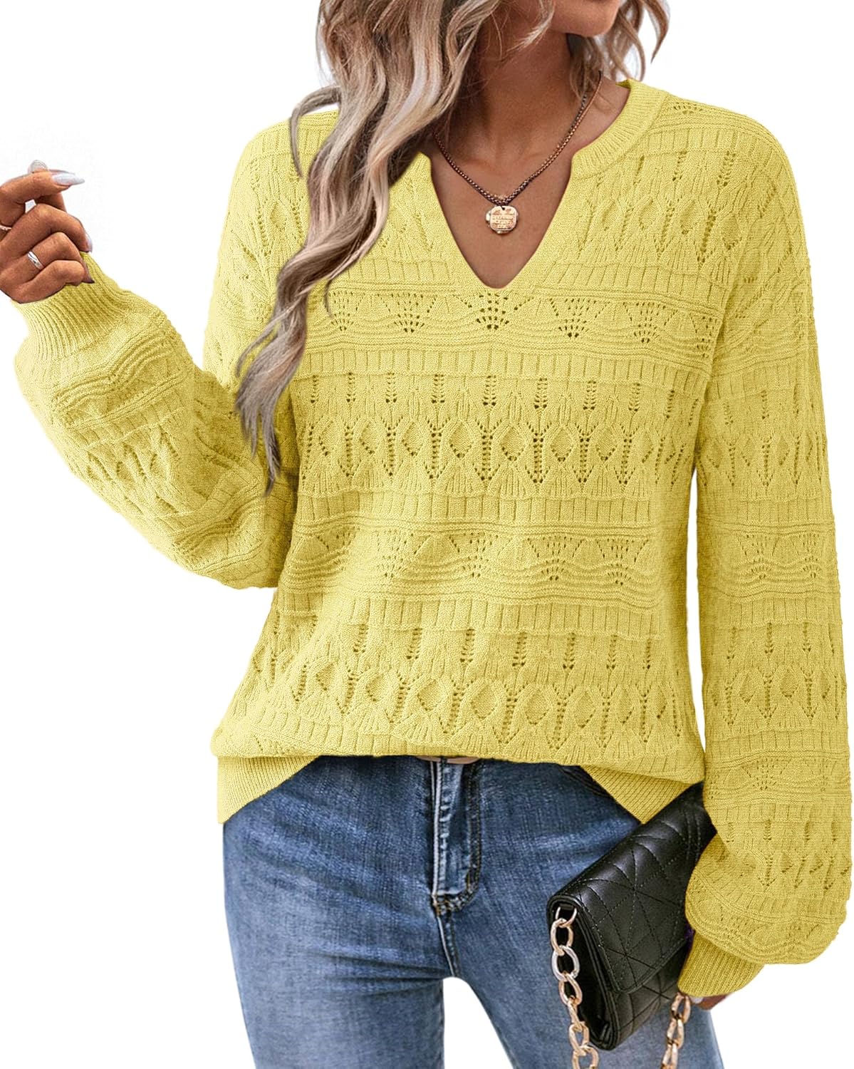 Furnex Womens Sweater 2025 V Neck Pullover Lightweight Stretchy Knit Top Lantern Sleeve Cute Fall Outfit Clothes