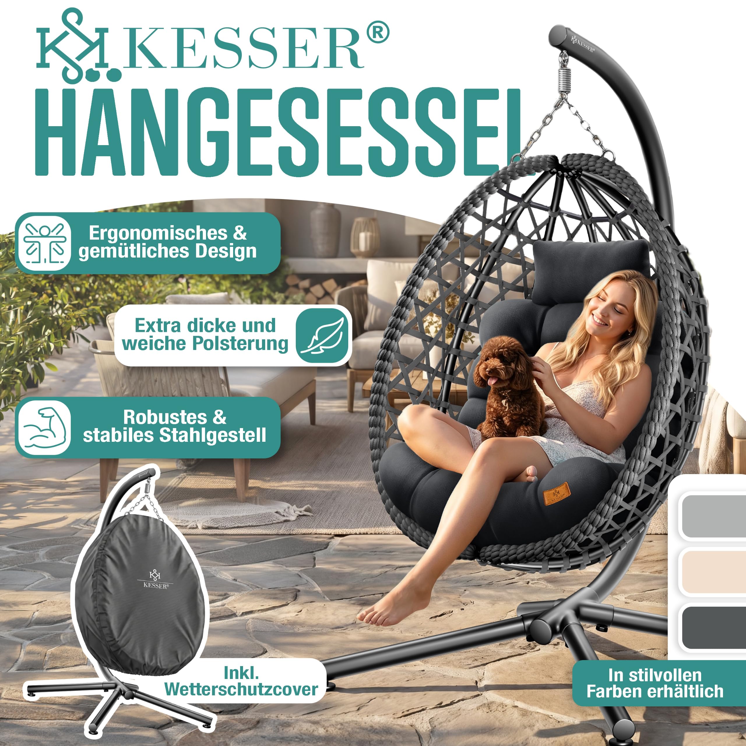 KESSER® Hängesessel mit Gestell Outdoor Indoor Schaukelstuhl Polyrattan 360° 150kg Tragkraft inkl. Polsterkissen & 2in1 Deckenhalterung + Cover – Relaxschaukel - Garten, Balkon, Terrasse, Anthrazit