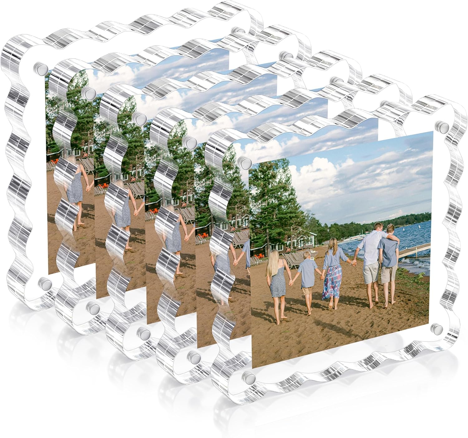 eletecpro 4x6 Clear Acrylic Picture Frame Set of 5, Double-sided Frameless Magnetic Frames Display Floating Photo Effect, Standless and Curved Wave Design, Scalloped Rim Modern Decor, Transparent