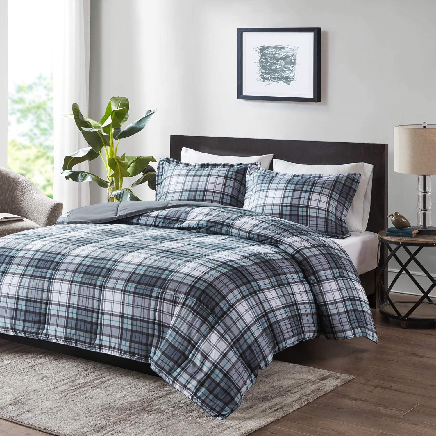 Madison Park Essentials Parkston Plaid Comforter, Matching Sham, 3M Scotchguard Stain Release Cover, Hypoallergenic All Season Bedding-Set, Full/Queen, Grey, 3 Piece