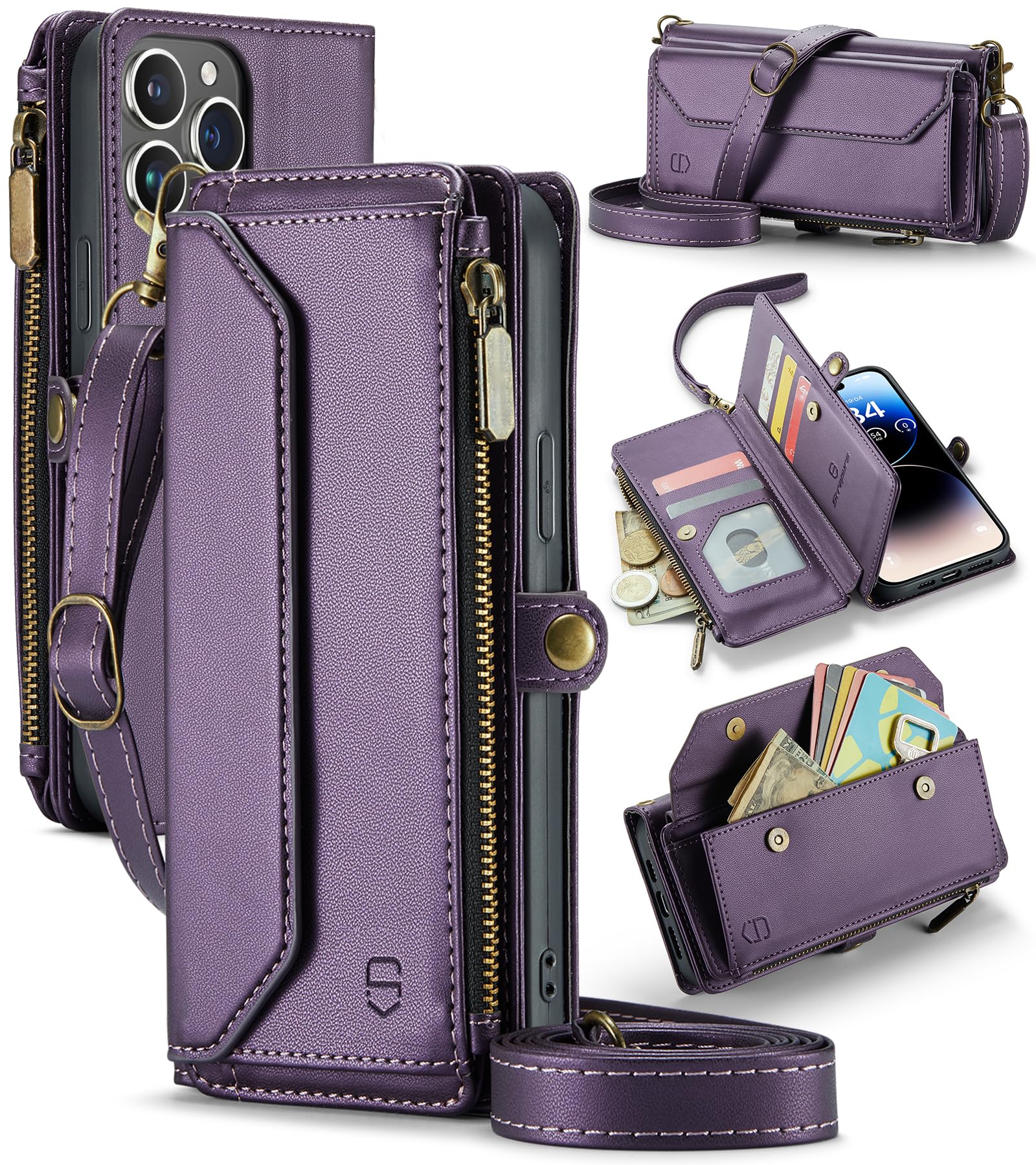Strapurs Crossbody for iPhone 14 Pro Case Wallet?RFID Blocking? with 7-Card Holder Zipper Bills Slot, Soft PU Leather Magnetic Wristlet Shoulder Strap for iPhone 14 Pro Wallet Case for Women, Purple