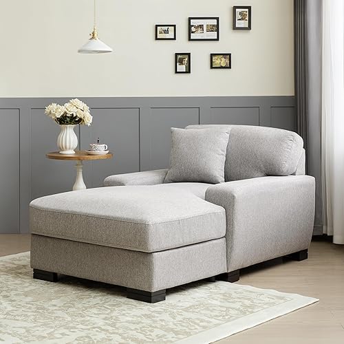 Miniatura 4 de Sofá cama moderno de mediados de siglo para interiores de gran tamaño con almohada y patas de madera sólida, aspecto elegante y tela de lino. (Gris