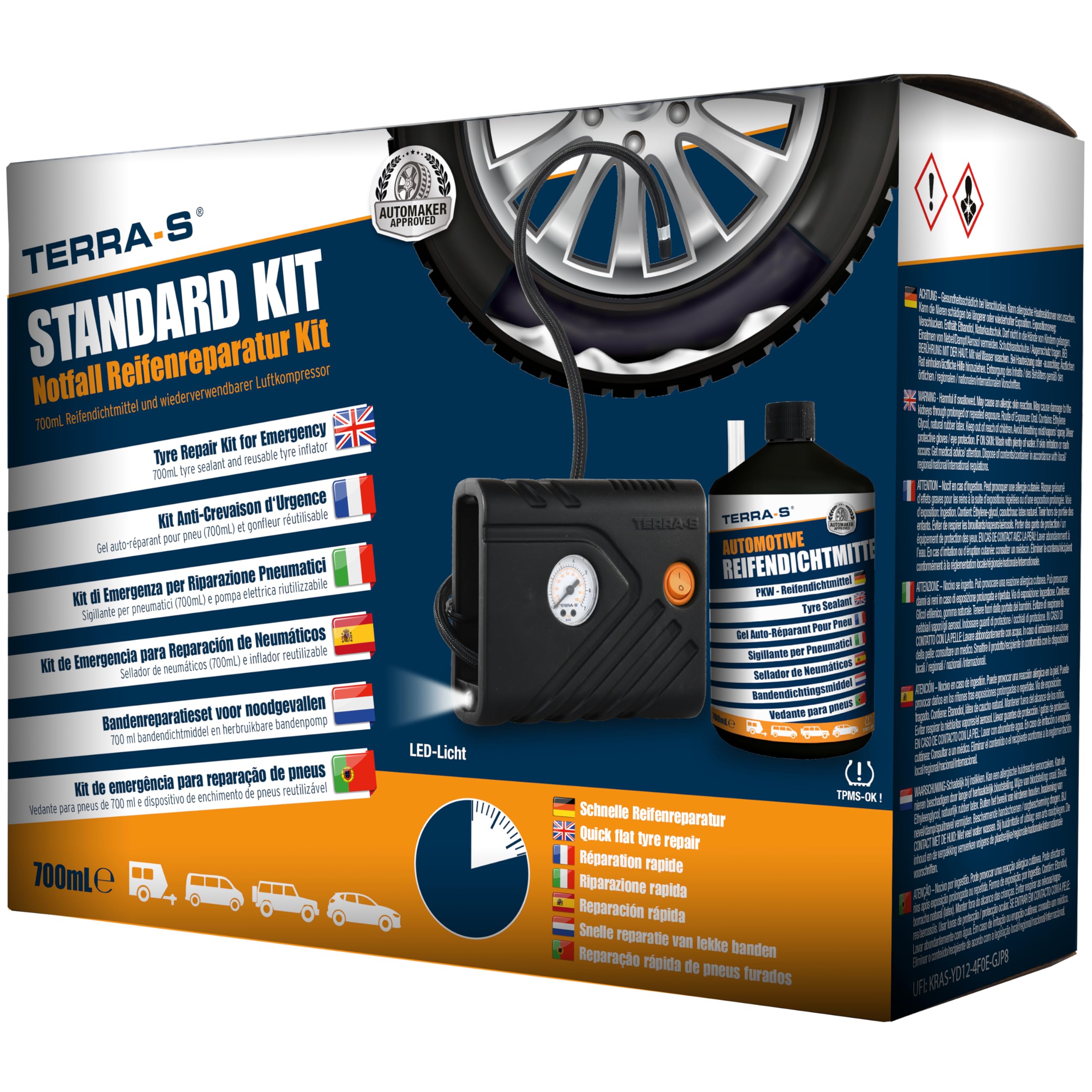 TERRA-S T56001 Kit de réparation d'urgence pour crevaison avec Mastic et Pompe à Pneu pour Voiture et Autres véhicules Automobiles 15 Minutes