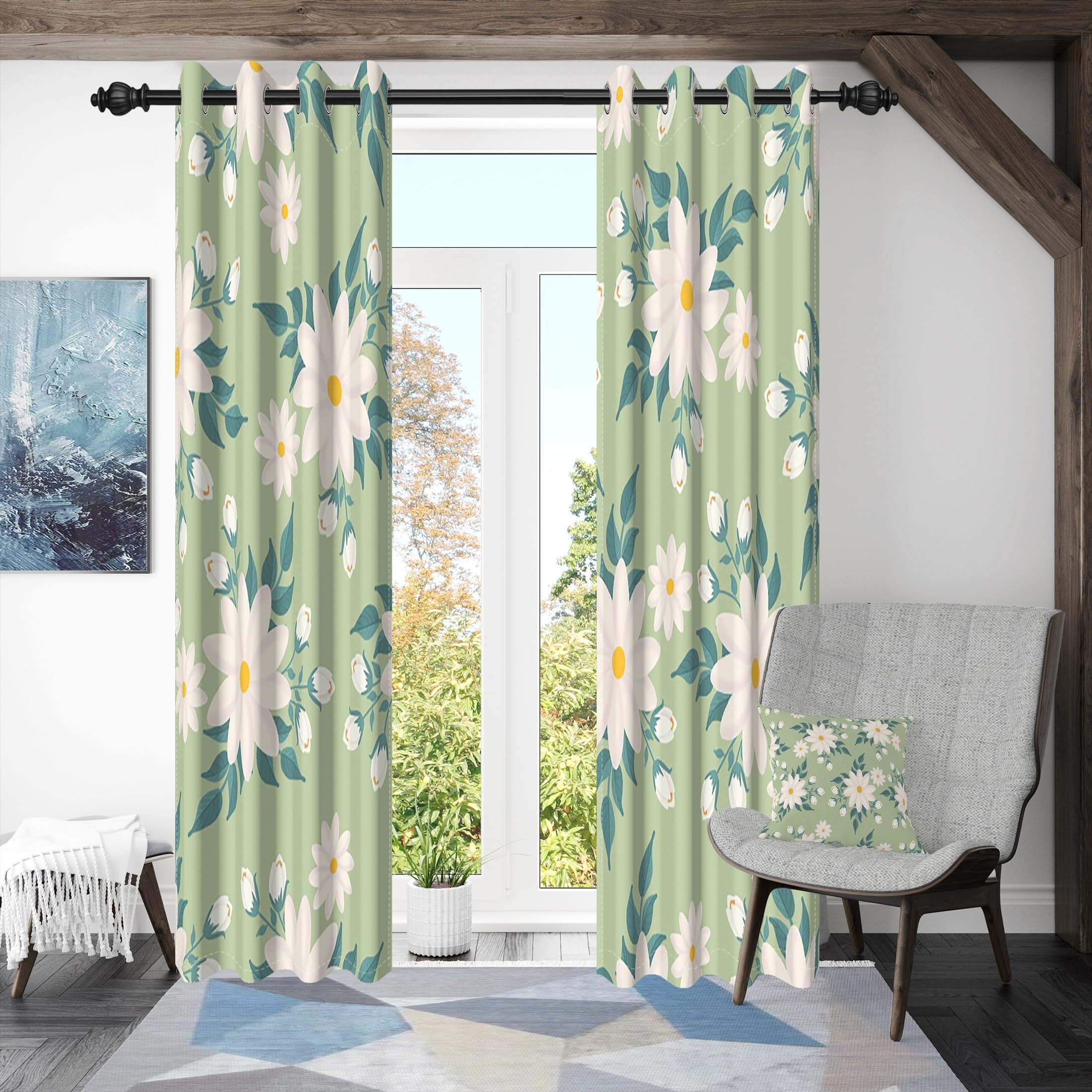 ggaimwf 53"x 96" Flower Eyelet Curtain Green White Floral Botanical Curtain Farmhouse Country Style Insulated Thermal Grommet Blackout Window Drapes for Girl Bedroom Living Room,2 Panels