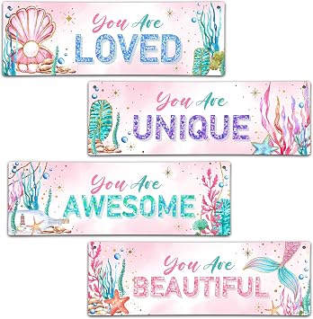 4 Pieces Mermaid Girls Bathroom Room Decor, 11.8" x 3.9" Under the Sea Wall Decor Wood Sign, Motivational Wall Art For Kids Room Nursery Playroom Classroom-A07
