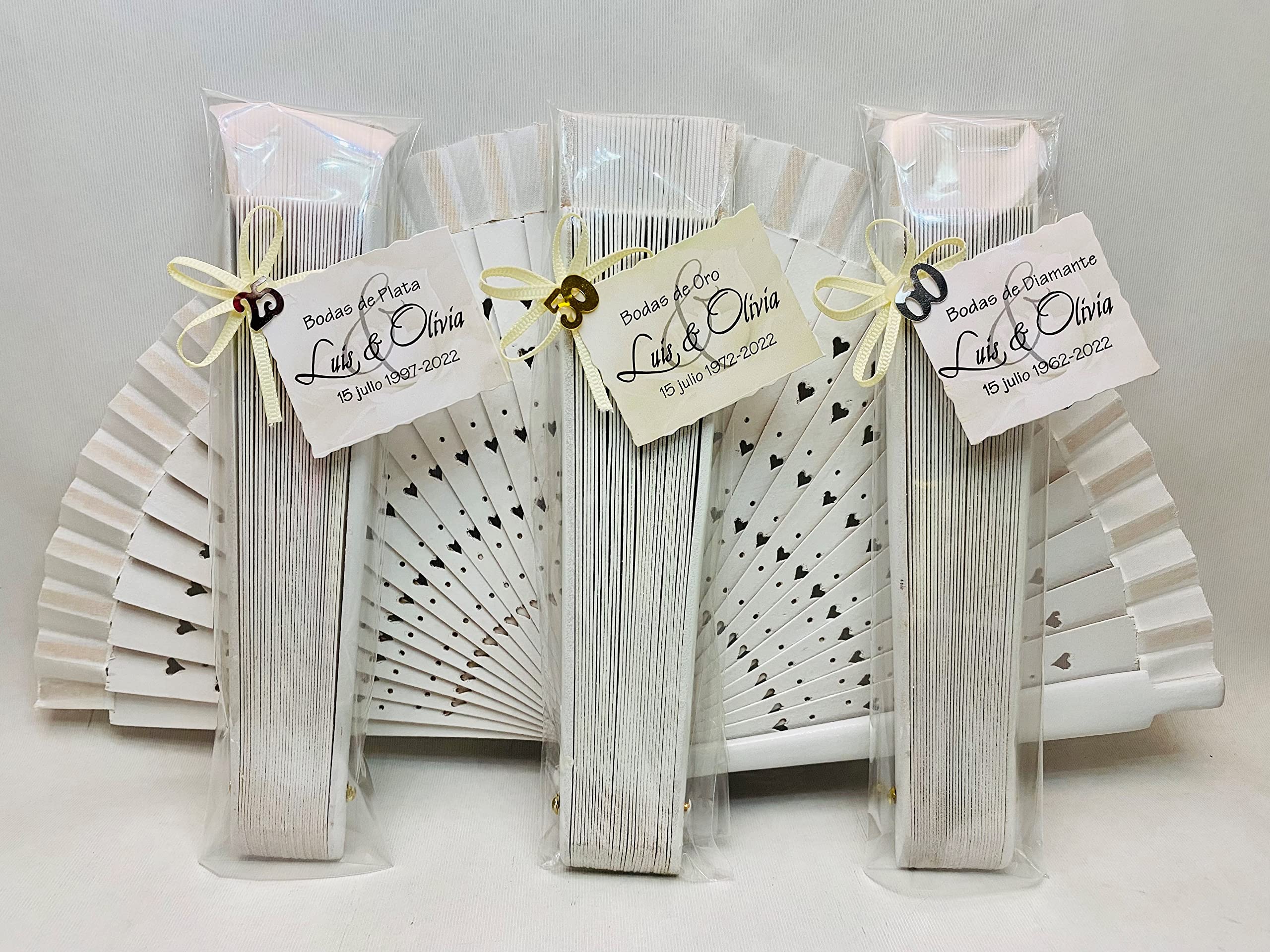 Regalos detalles decorados para invitadas 25 50 60 aniversario Abanicos PERSONALIZADOS (pack 6 unidades) bodas de oro plata diamante