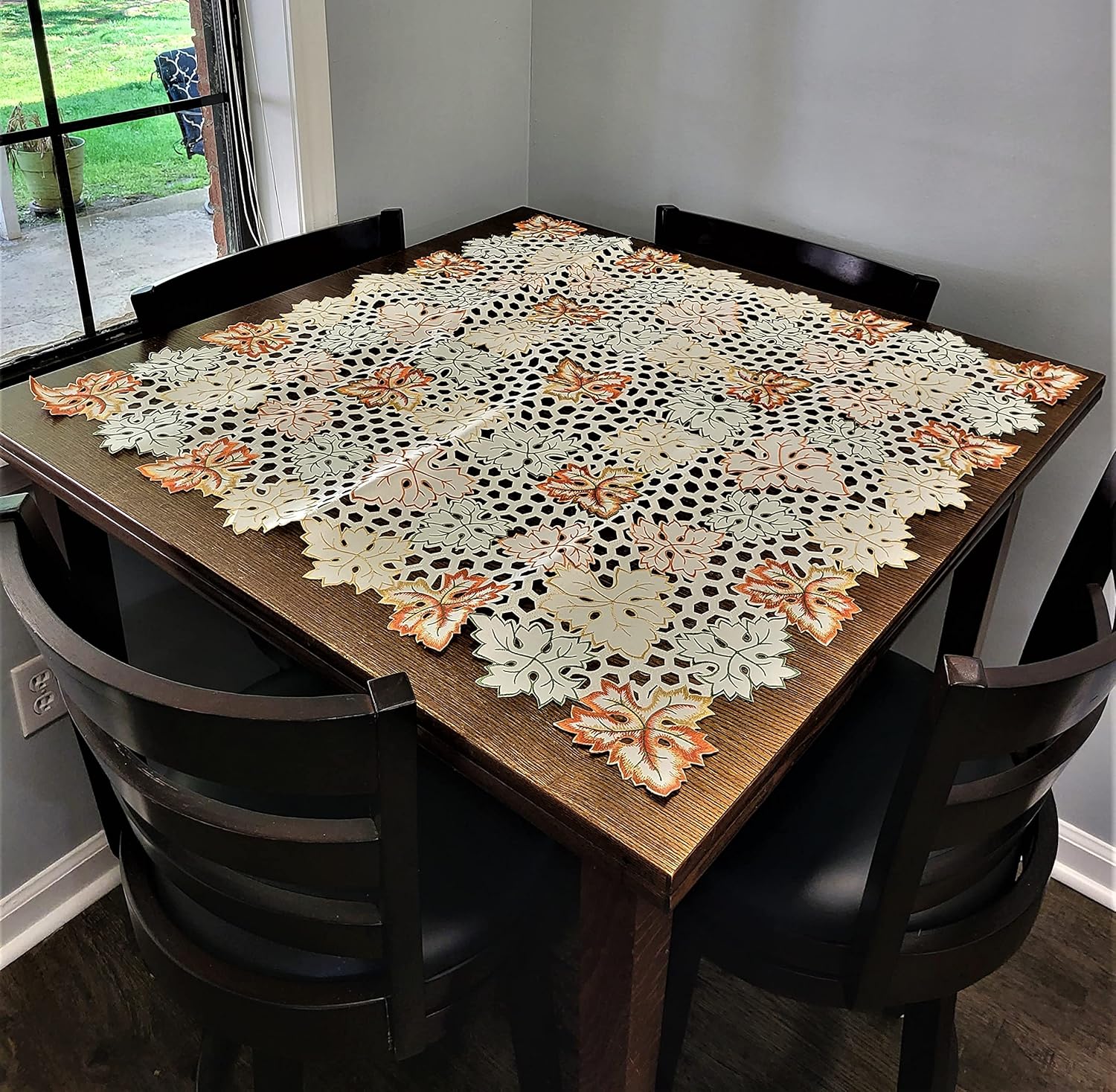 Tablecloth with Fall Maple Cutwork Leaves on Ivory Material Size 34 x 34 inches