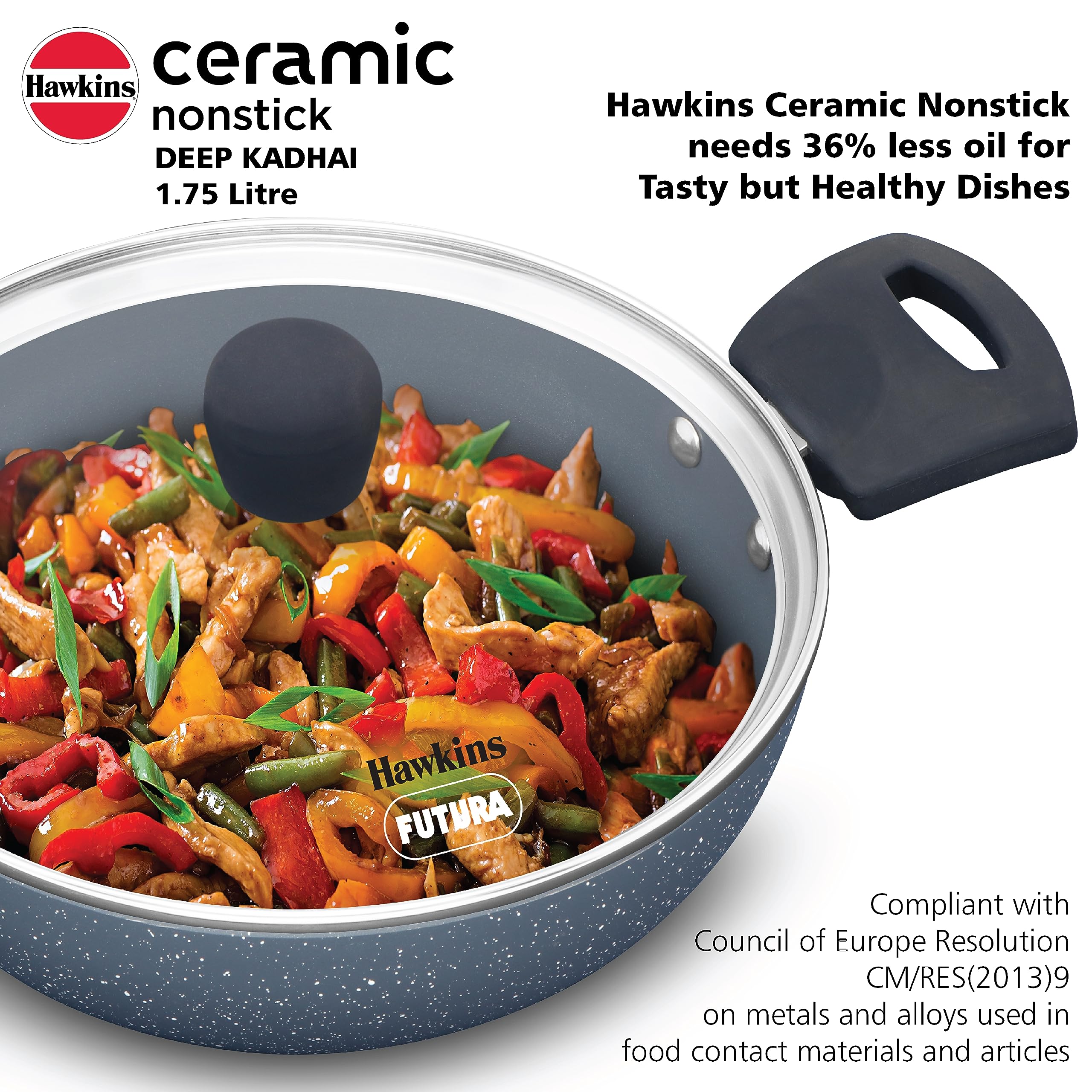 Hawkins Ceramic Nonstick 1.75 Litre Deep Kadhai, Induction Deep Fry Pan with Glass Lid, Granite Kadai (ICK175G)