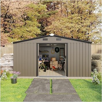10 * 12Ft Qutdoor Storage Shed, Garden Tool Metal Shed with Foundation Kit, Utility and Tool Shed with SloopingRoof for Bike, Gardening Tools,Lawn Mowers. GardenBackyard,Patio