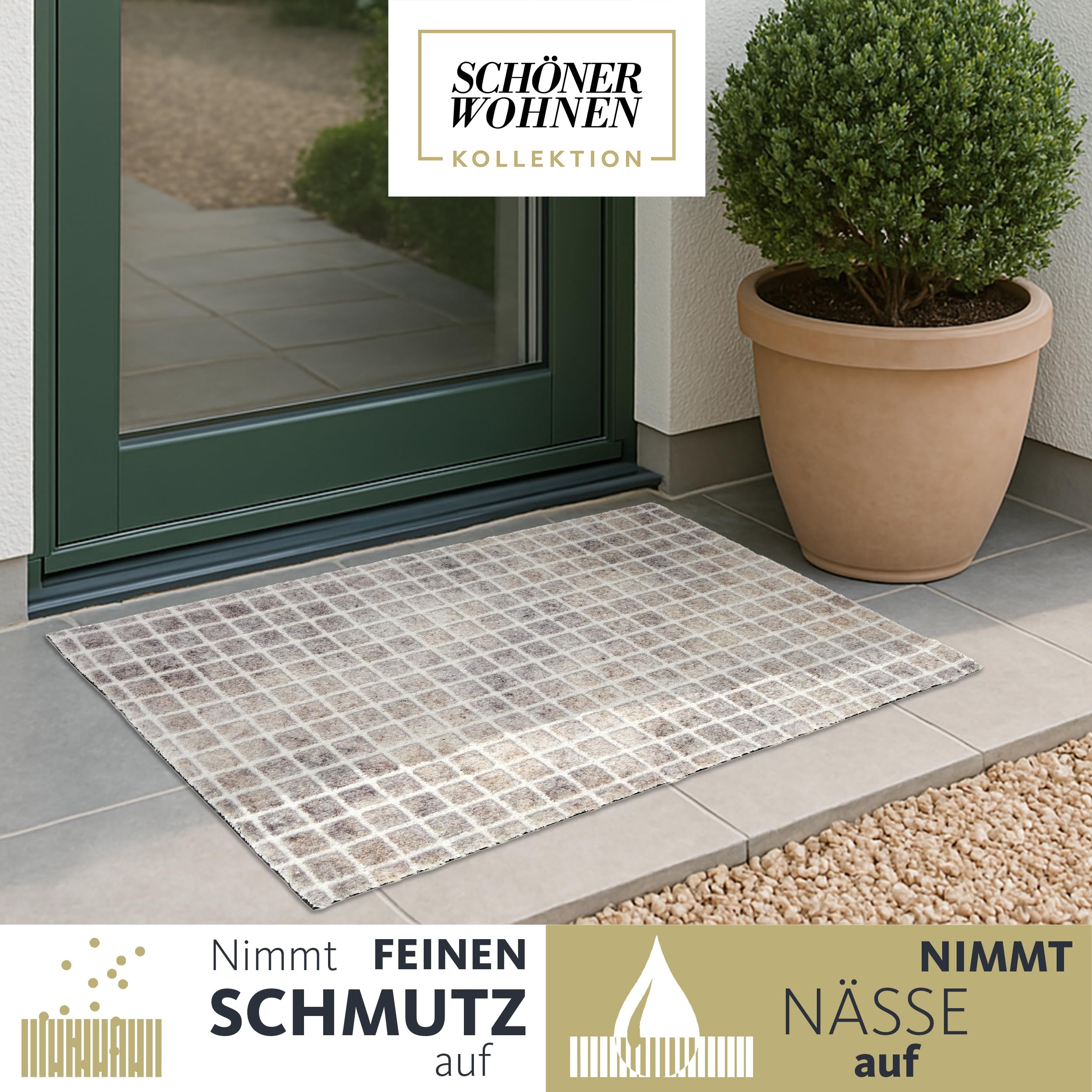 Schöner Wohnen Kollektion Wycieraczka na zewnątrz i do wewnątrz – mata zatrzymująca brud 67 x 100 cm, beżowa karo – antypoślizgowa mata do czyszczenia – wycieraczka do drzwi wejściowych – wycieraczka