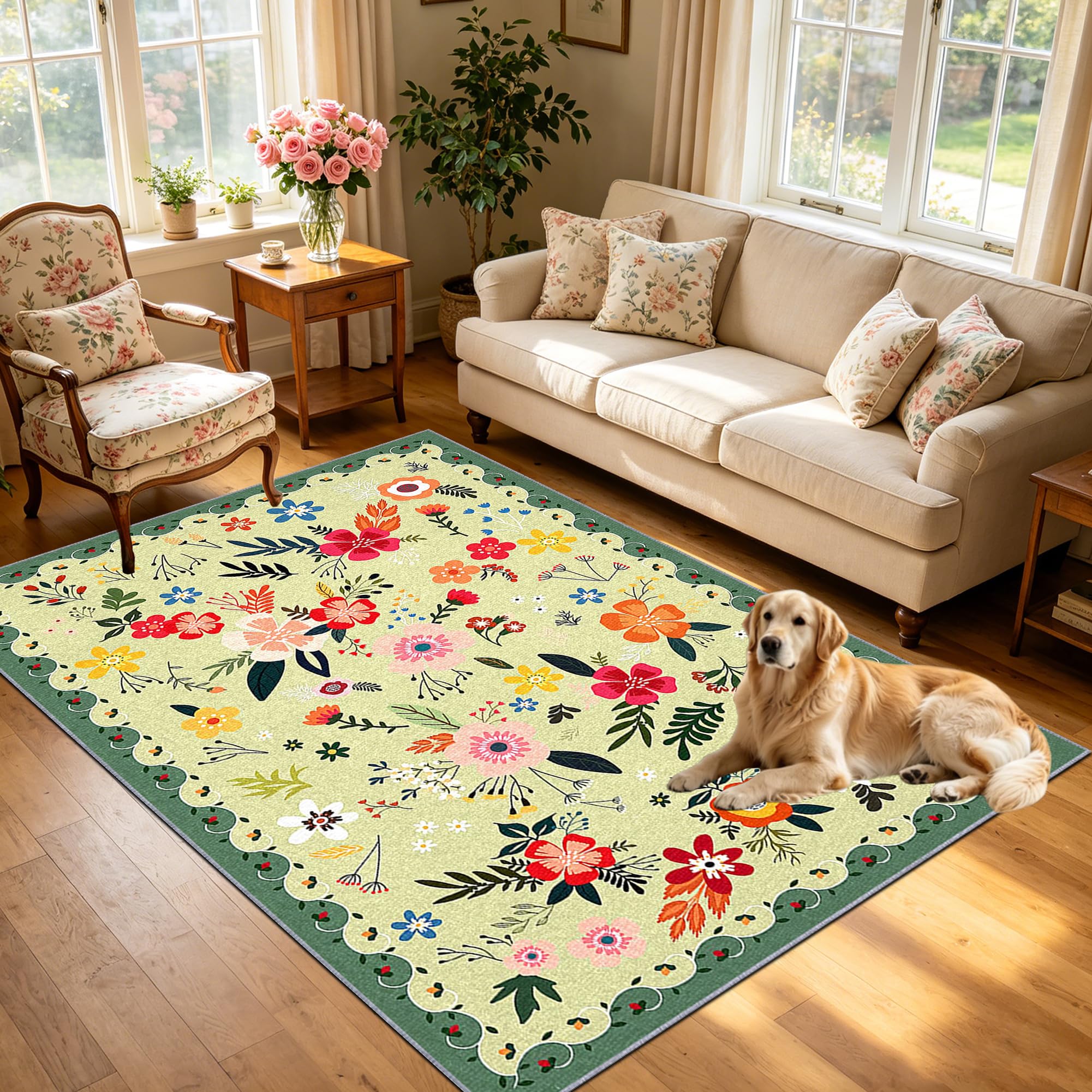 Tapis de salon lavable et antidérapant vert fleuri vintage 150x190 cm