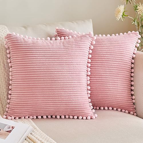 ANRODUO Paquete de 2 fundas de almohada con pompones, fundas de cojín de pana de 18 x 18 pulgadas, bonitas y suaves, fundas de almohada bohemias