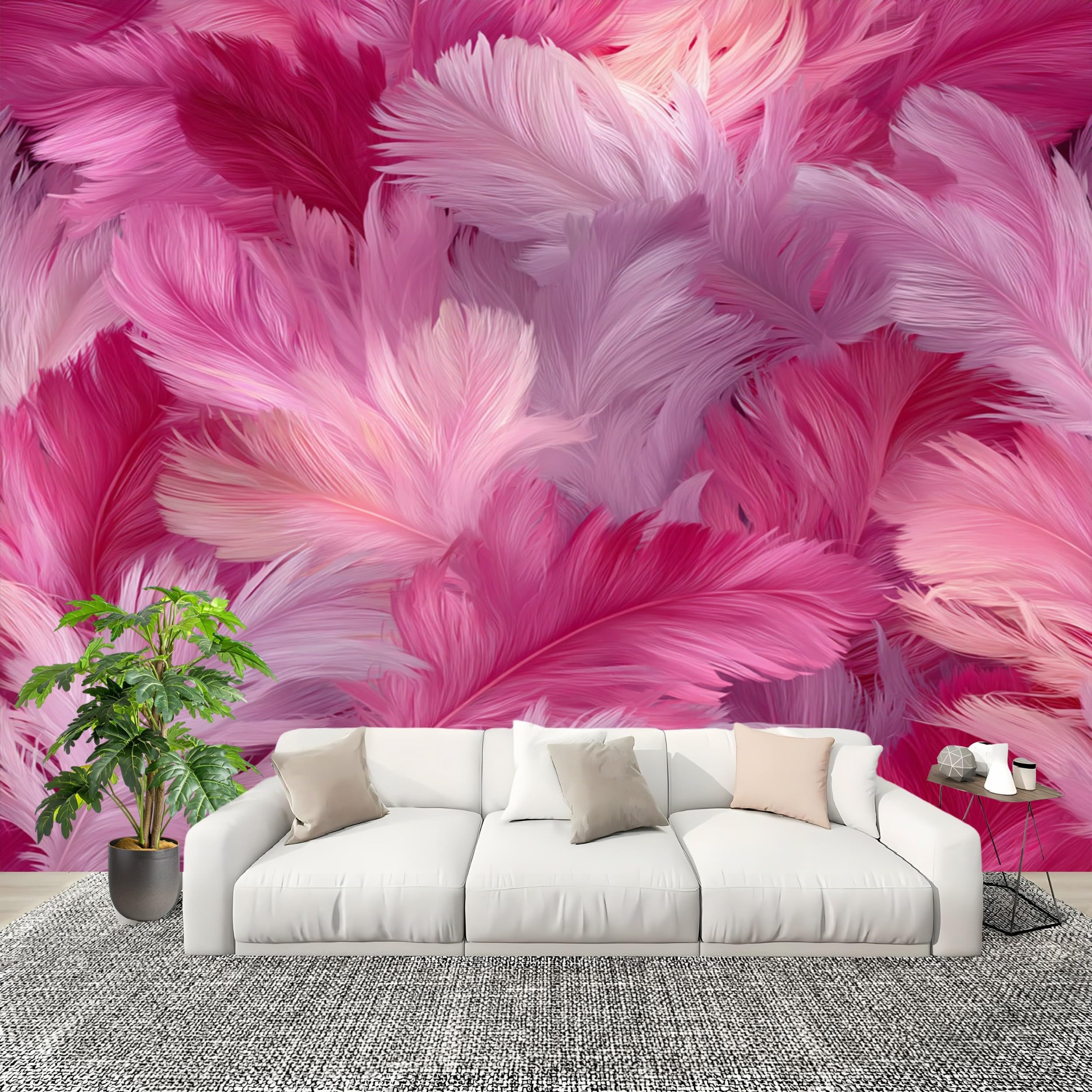 Papier peint intisse plumes roses facile a poser pour habiller un grand mur de chambre