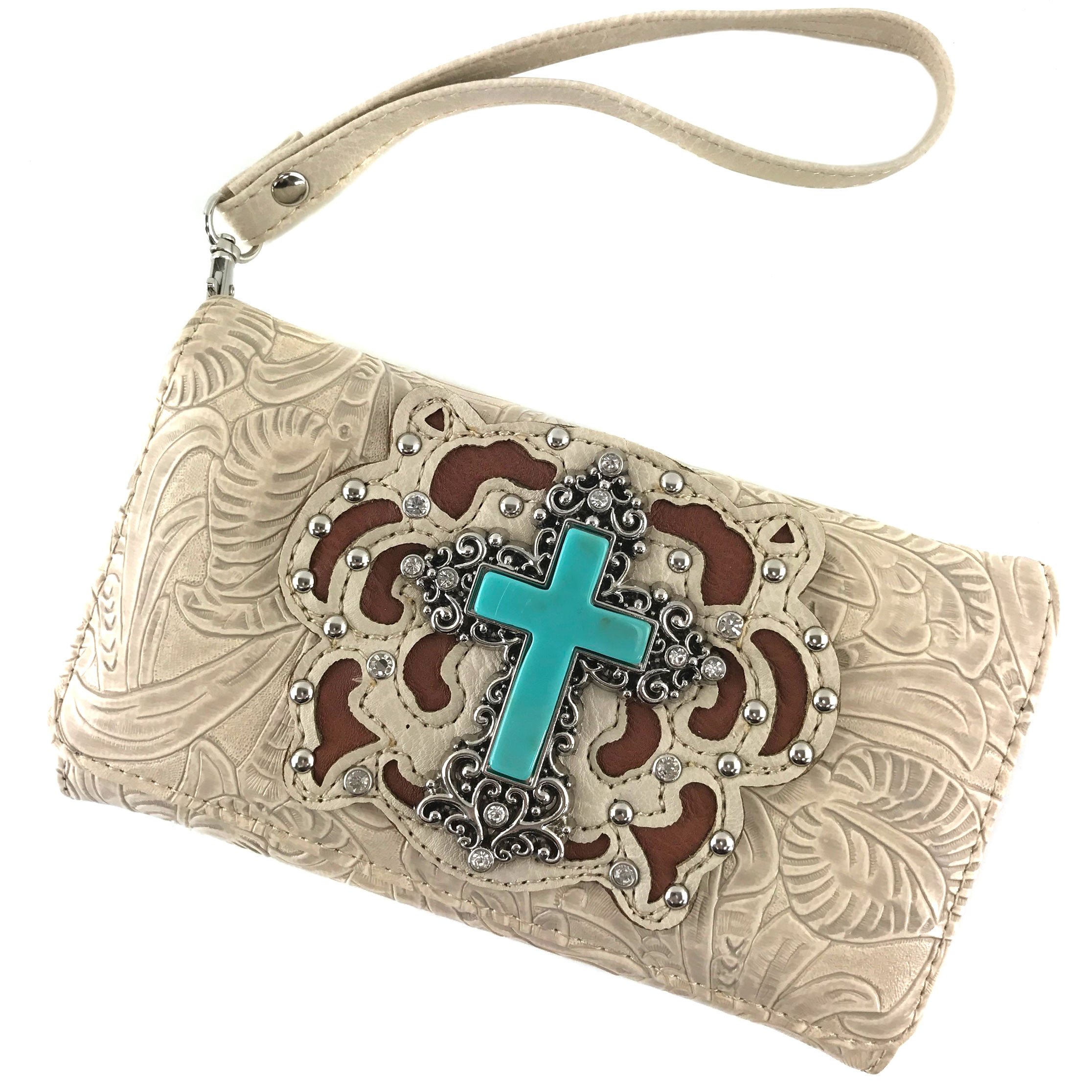 Justin West Tooled Turquoise Stone Cross Rhinestone Laser Cut Shoulder Chain Concealed Carry Handbag Purse Wallet Messenger (Beige Wallet Only)