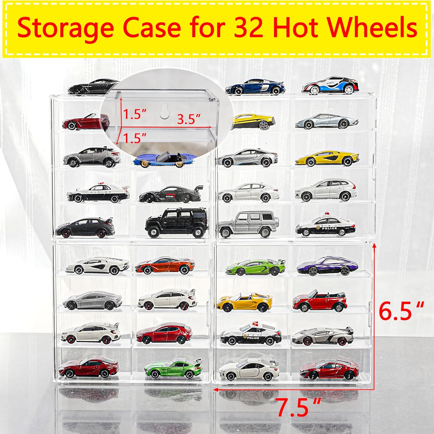 Display Case for 32 Hot Wheels,Matchbox Cars,Display Case Wall Mount,Transparent Storage Case for 1/64 Diecast Cars,Wall Hanging,Stackable,Clear,Dustproof