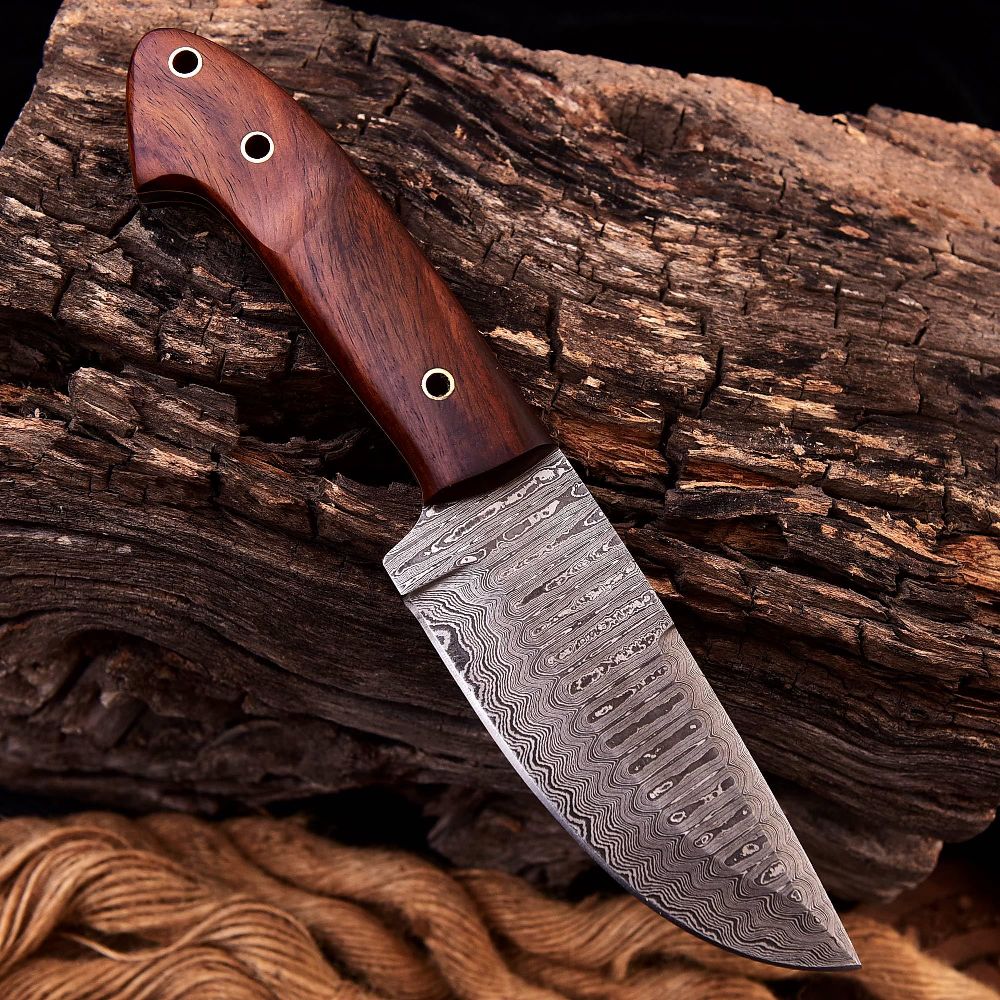 Damast Jagdmesser schöne Klingenmaserung Damast Stahl mit Lederhülle MAQ1302