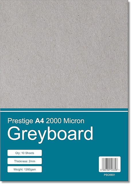 Prestige A4 Greyboard 2000mic - 2mm Thick Craft Grey Board Mounting Backing Modelling Board (A4 Size - 2000 Micron - 10 Sheets)