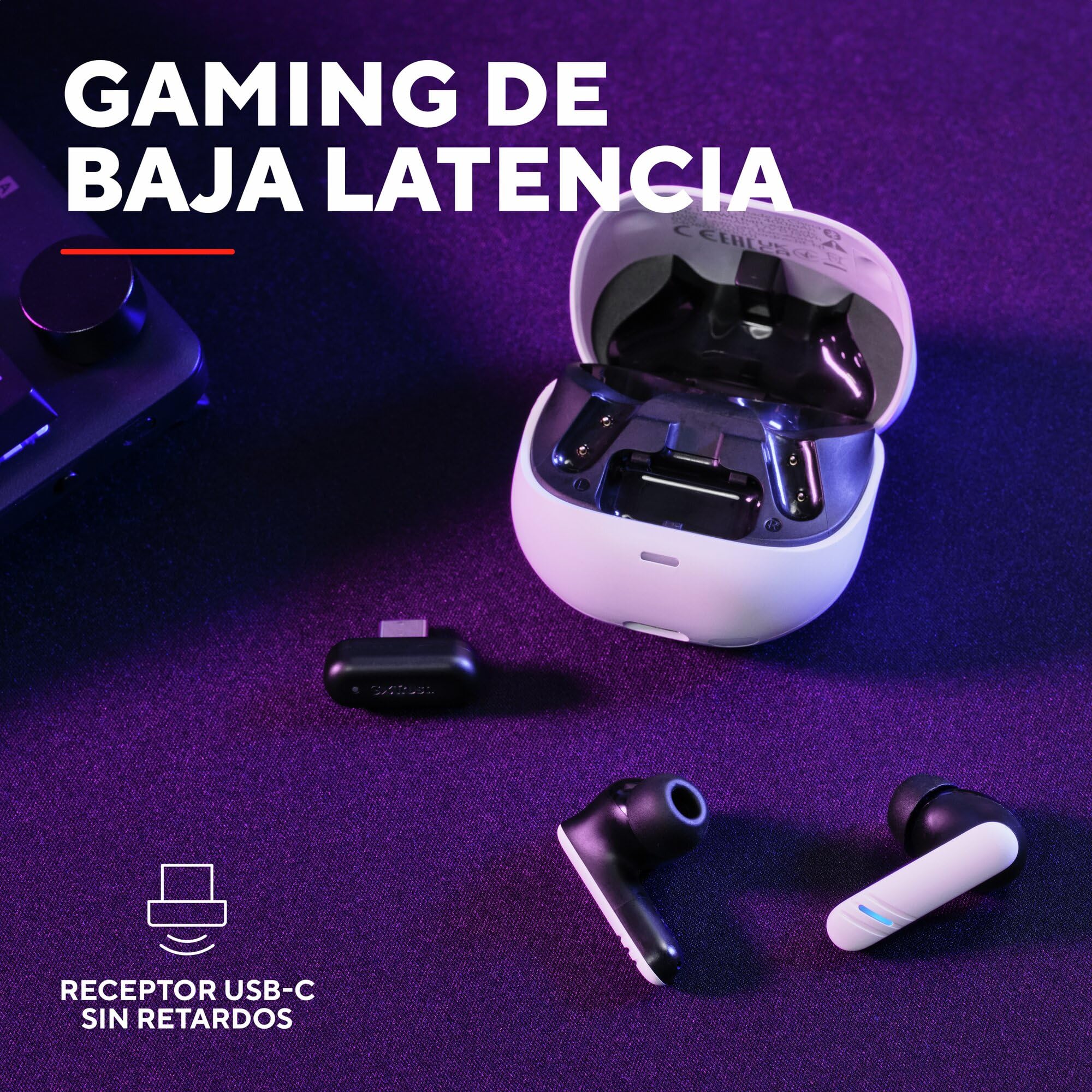 GXTrust Oxxie Auriculares Inalámbricos Bluetooth, Blanco | Cascos Gaming Intraauriculares para PS5 Switch PC Mobile, Bluetooth o Receptor USB-C Baja Latencia, 4 Micrófonos ENC