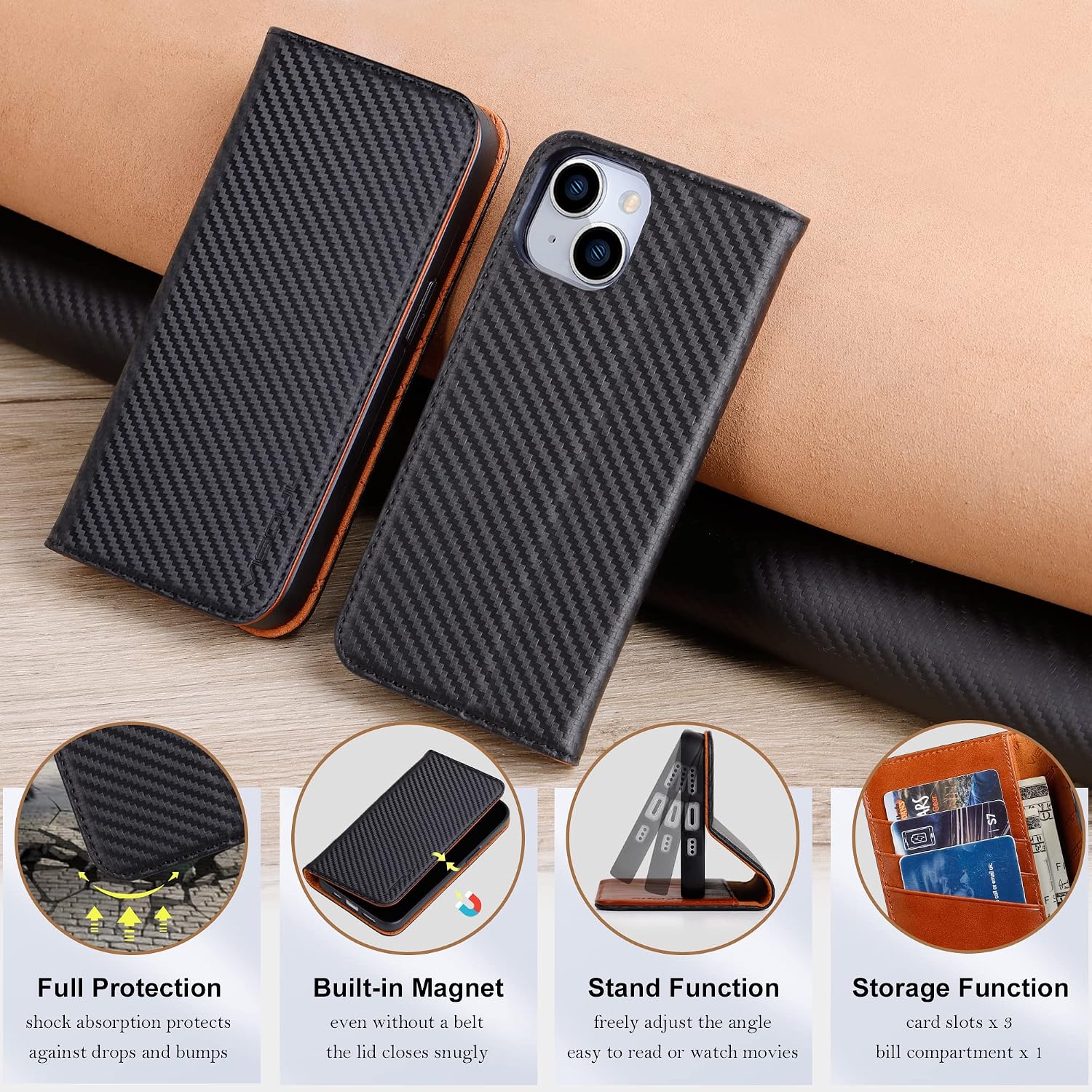 VISOUL Case for iPhone 15 Real Leather Wallet Case, Carbon Fiber Leather Flip Folio Cover with Card Holder Kickstand Magnetic Designed for iPhone 15 (6.1-inch)-Black+Orange
