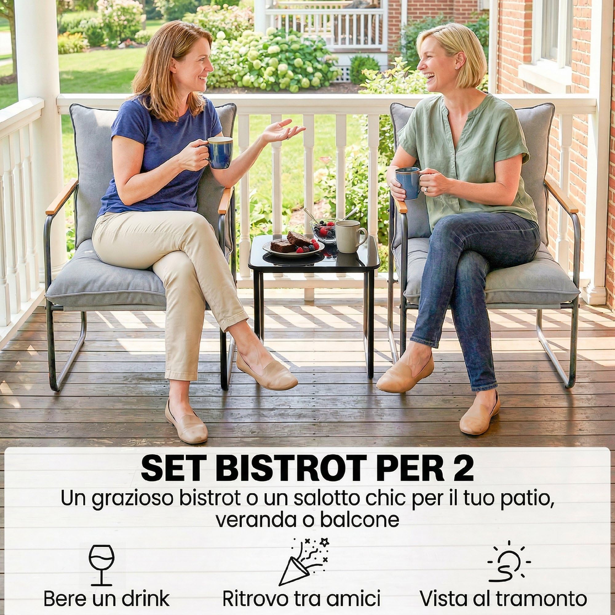 Outsunny Set da Bistrò 3 Pezzi, Set da Giardino in Metallo con 2 Sedie Texteline, Tavolo in Vetro, Cuscini Spessi, Grigio Scuro