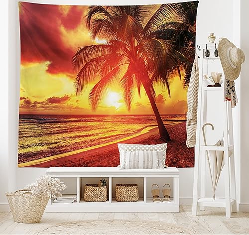 Miniatura 2 de Lunarable Tapiz de playa tamaño King, puesta de sol en la playa tranquila con palmeras, vista panorámica exótica de la isla caribeña de Barbados,