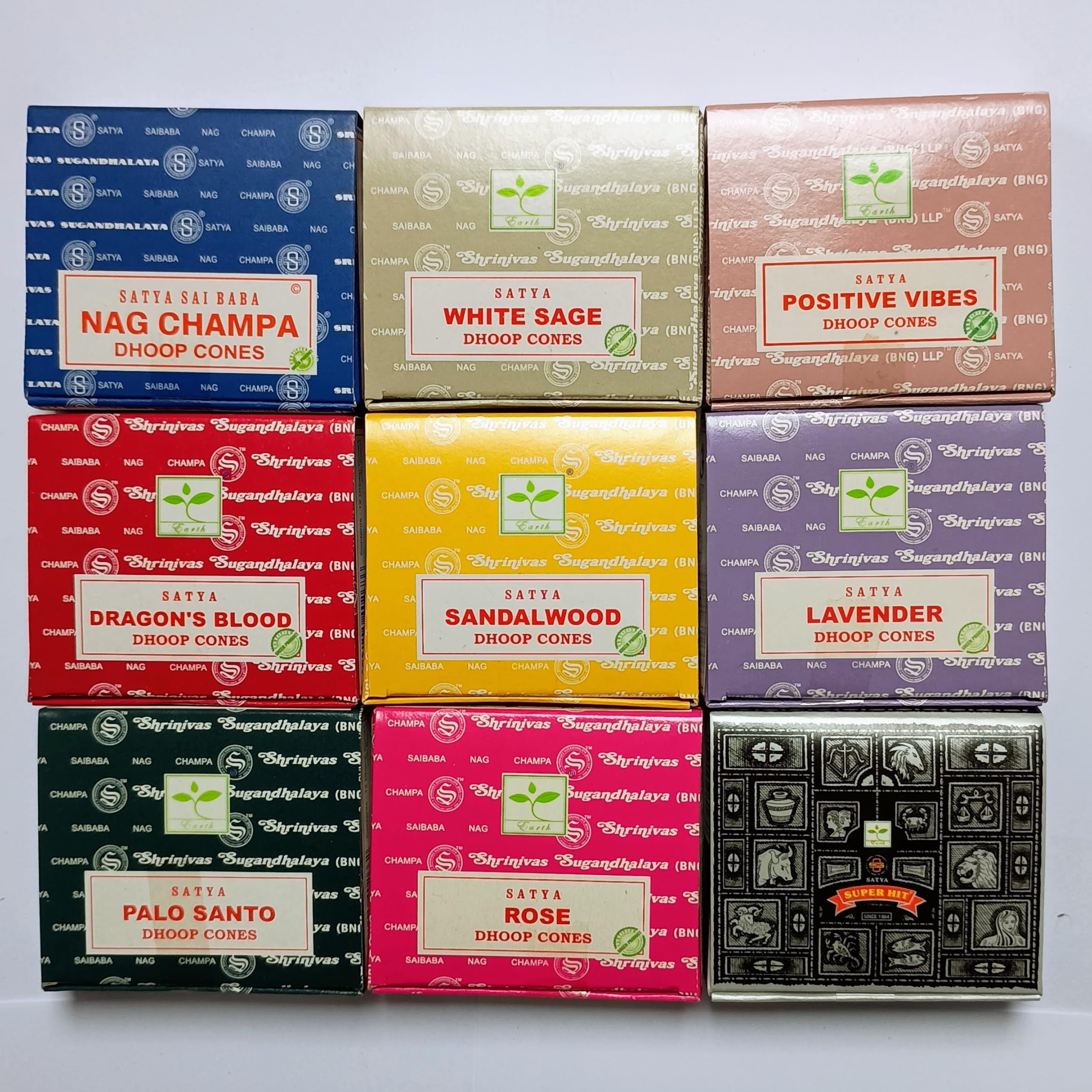 Satya Handcrafted Assorted Incense Cones Gift Collection for Meditation, Relaxation and Yoga, 9 Packs of 12 Cones, Total 108, Hot Mix