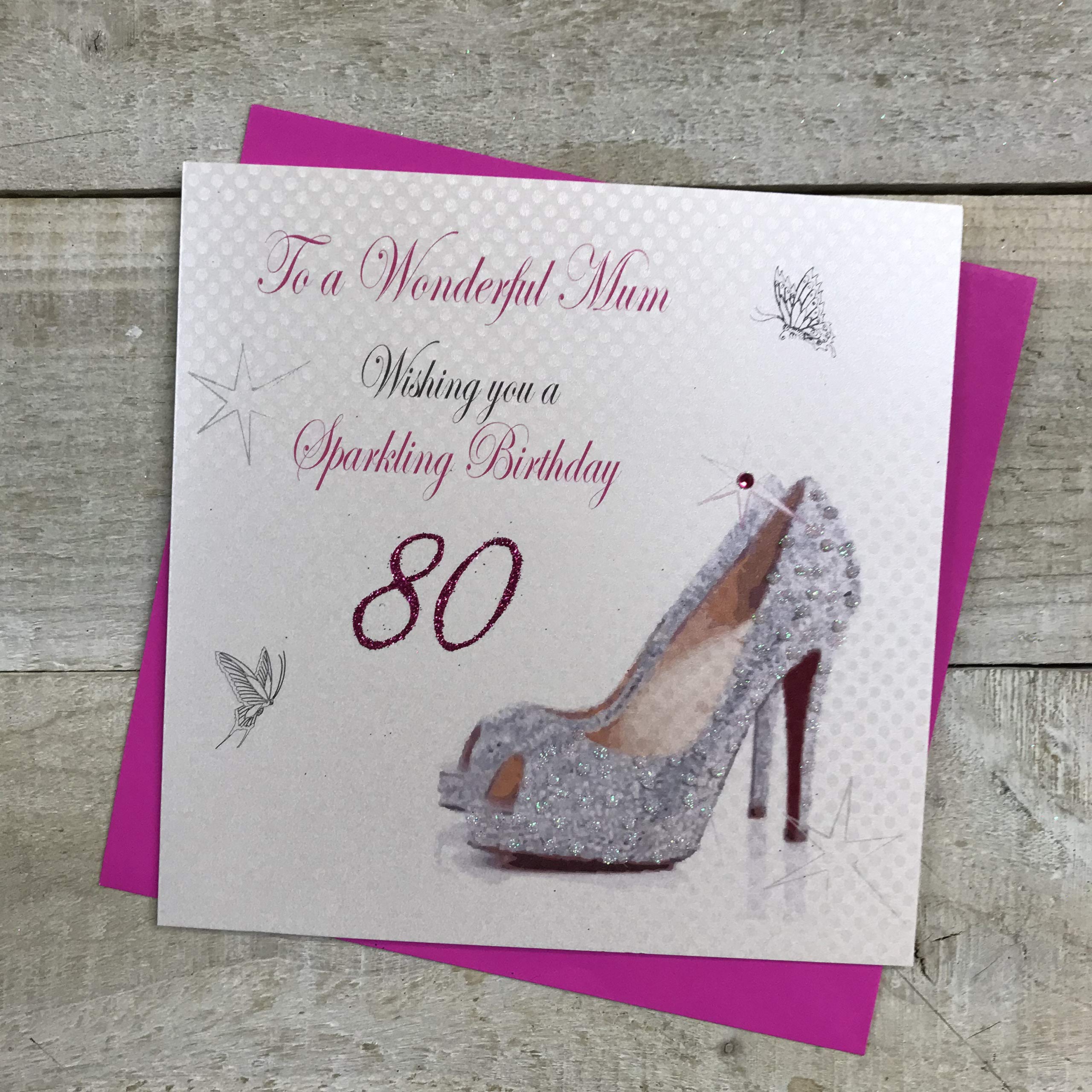 Handgefertigte Geburtstagskarte Für Mama Zum 80. – Weiß Mit Glitzer, 16x16 Cm, Inkl. Umschlag