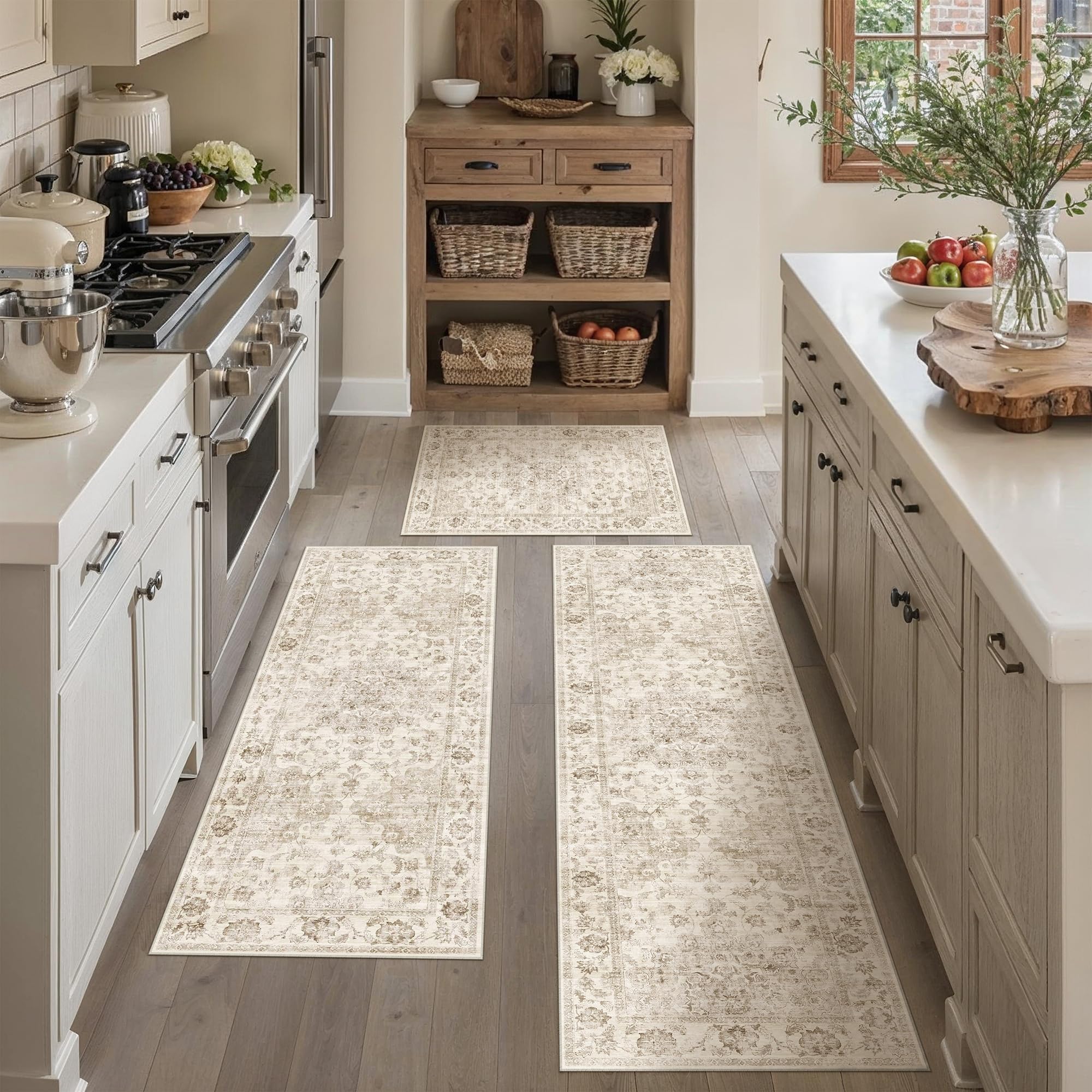 Washable Neutral Beige Kitchen Runner Rug Set of 3