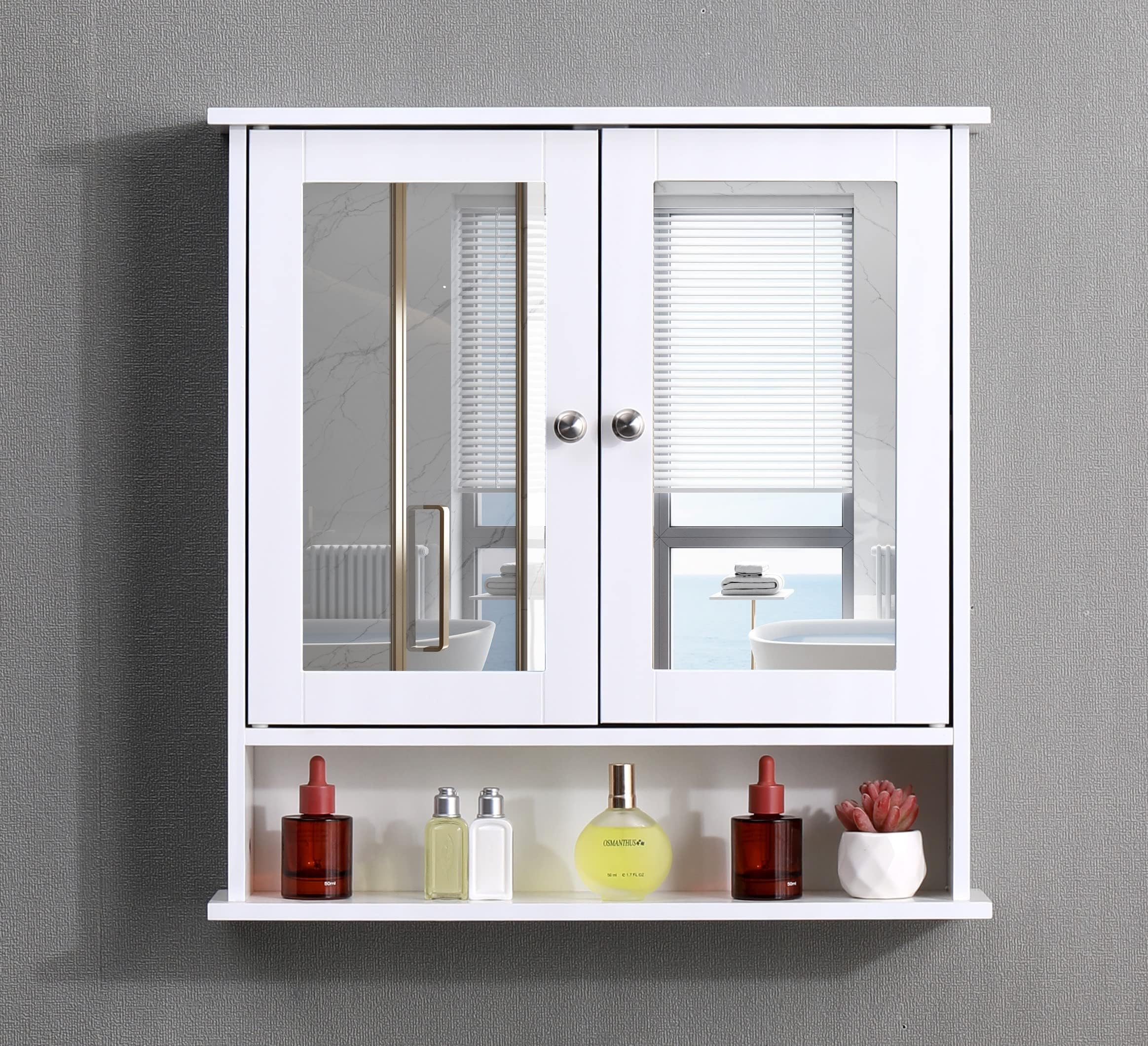 AVC Designs White Bathroom Wall Cabinet with Mirrored Double Doors ...