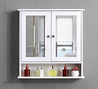 White Bathroom Wall Cabinet with Mirrored Double Doors Storage Cupboard MDF & Shelves
