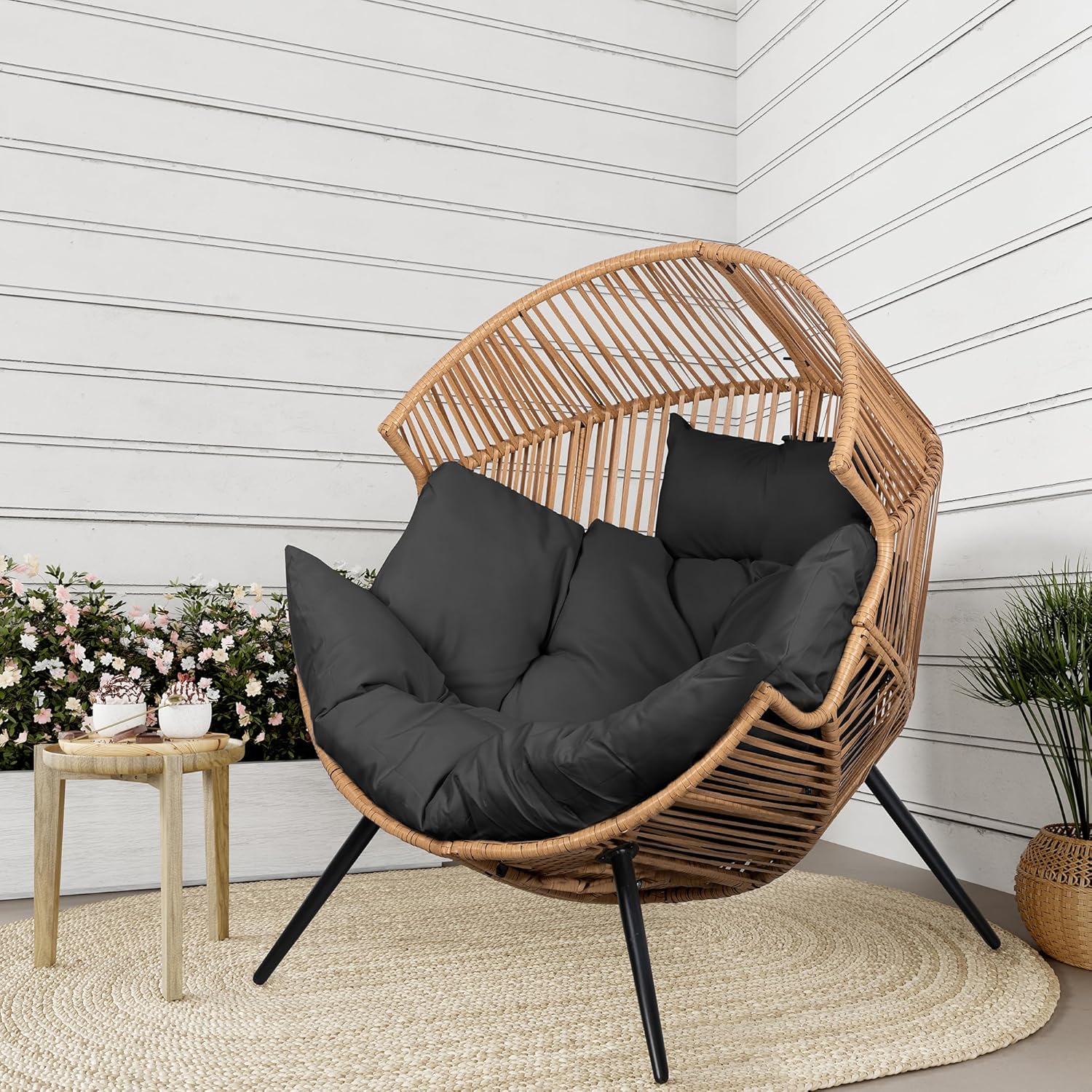 Shintenchi Wicker Egg Chair Outdoor Rattan Patio Chair with Cushion,Oversized Patio Lounge Chairs with Cushion Egg Basket Chair, Egg Seat for Indoor Living Room Bedroom Outside,Grey