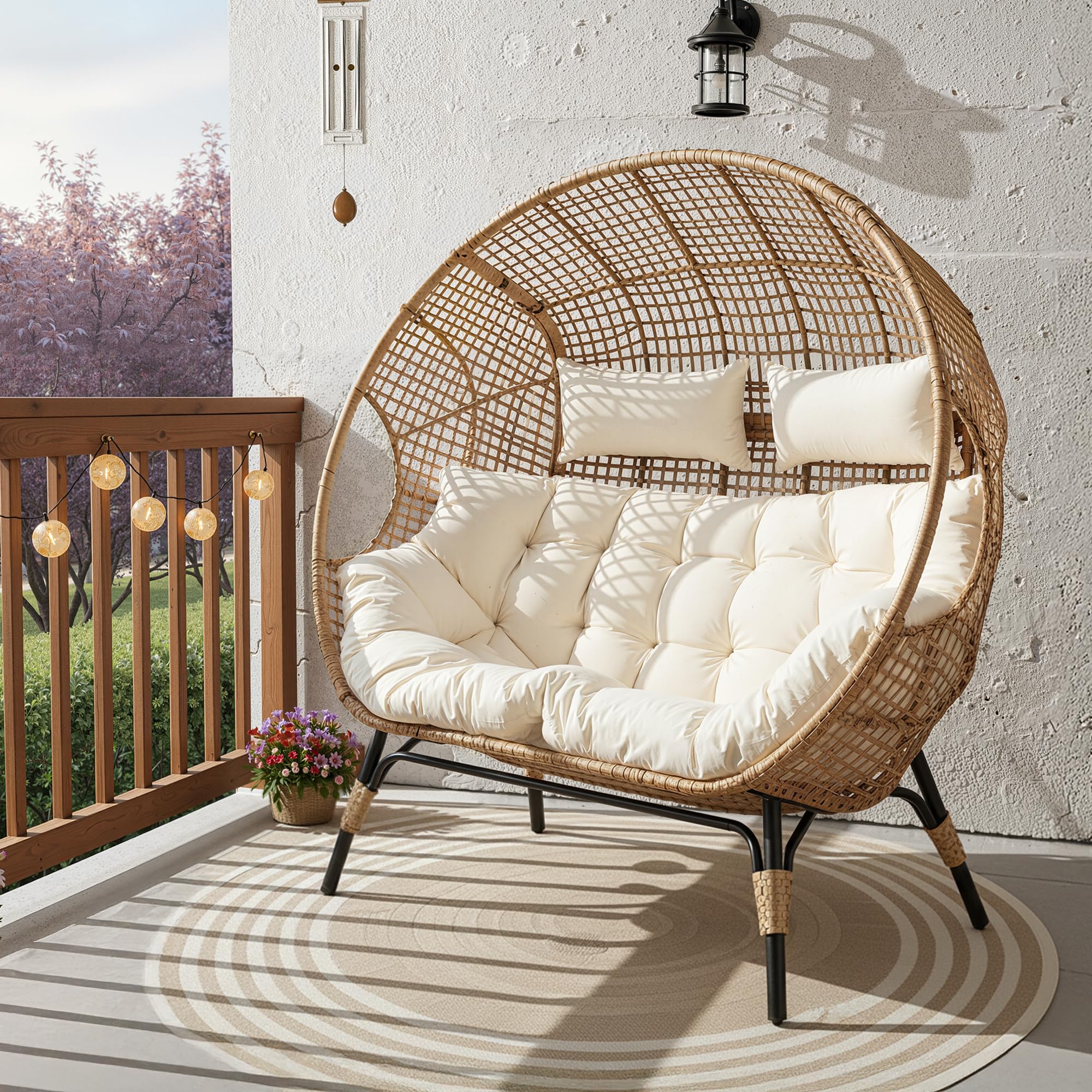 BULEXYARD Double Egg Chair Indoor Outdoor 680lbs, 2 Person Brown Wicker Oversized Stationary Egg Chair with Beige Thick Cushion, Patio Wide Lounge Loveseat with Legs for Balcony, Porch