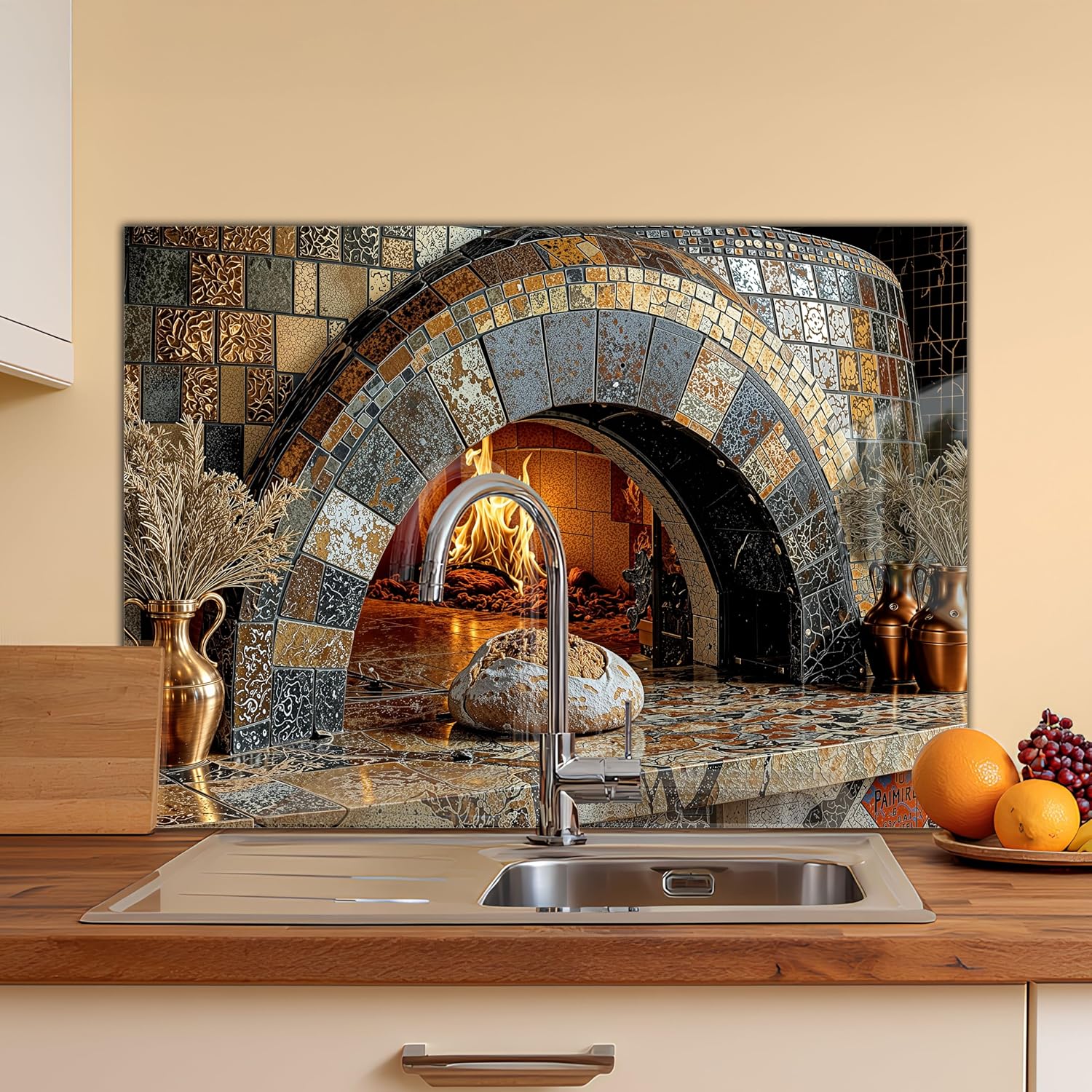 Tempered Glass Backsplash for Kitchen - Easy to Clean Behind Stove Backsplash Protector for Wall - Heat and Scratch Resistant Backsplash for Stove - Rustic Oven Design