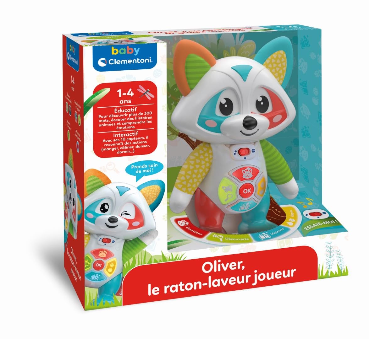 Clementoni Oliver Le Raton Laveur Joueur Interactif dès 2 Ans 3 Modes de Jeu Émotions Histoires Repas