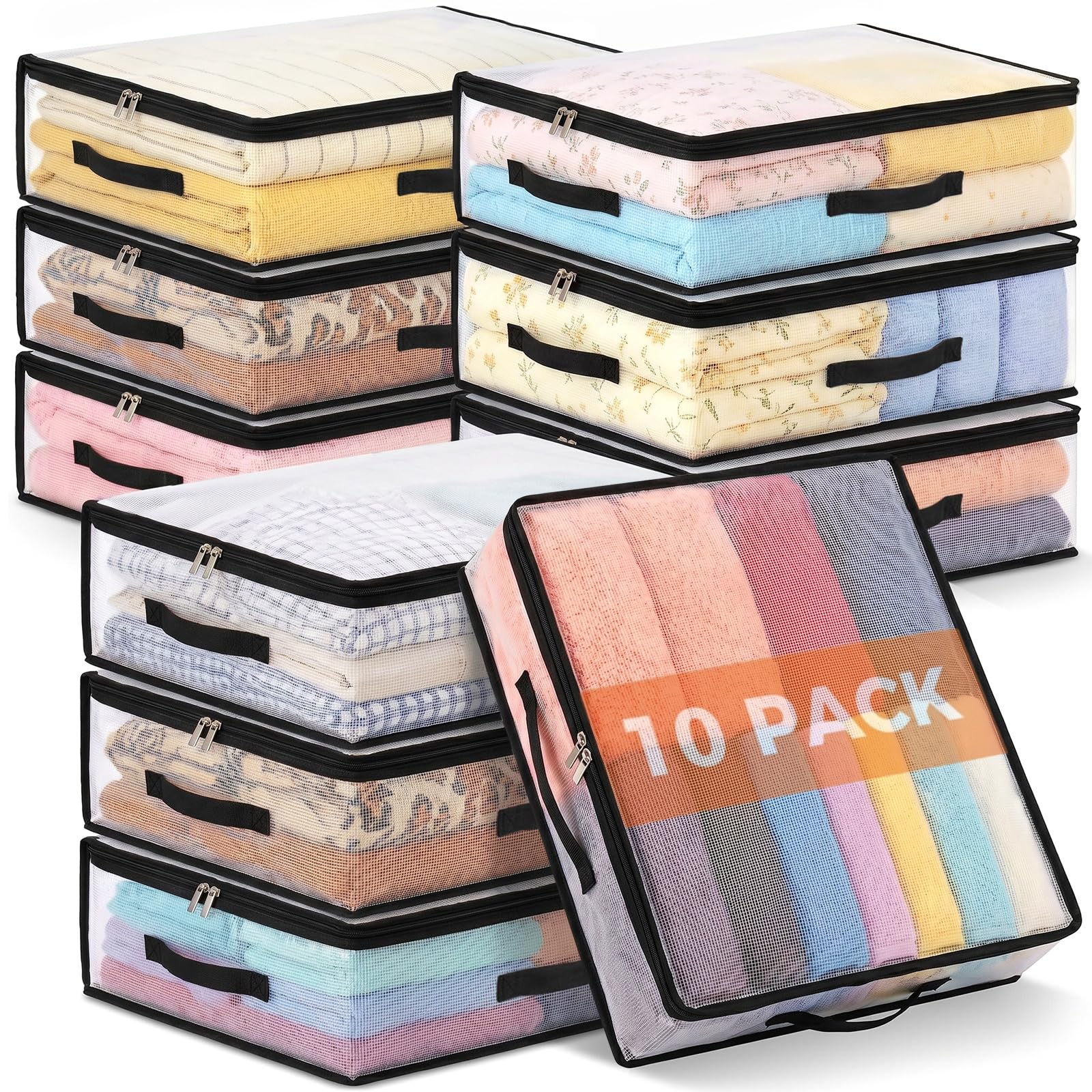 Besslly 10Pcs Clear Storage Bags With Zippers and 3 Handles, 21L Plastic Clothes Blanket Storage Bags and Under Bed Storage Organizers for Sheets Bedding Comforter Linen Sweaters Toys, 15.7x13.8x5.9In