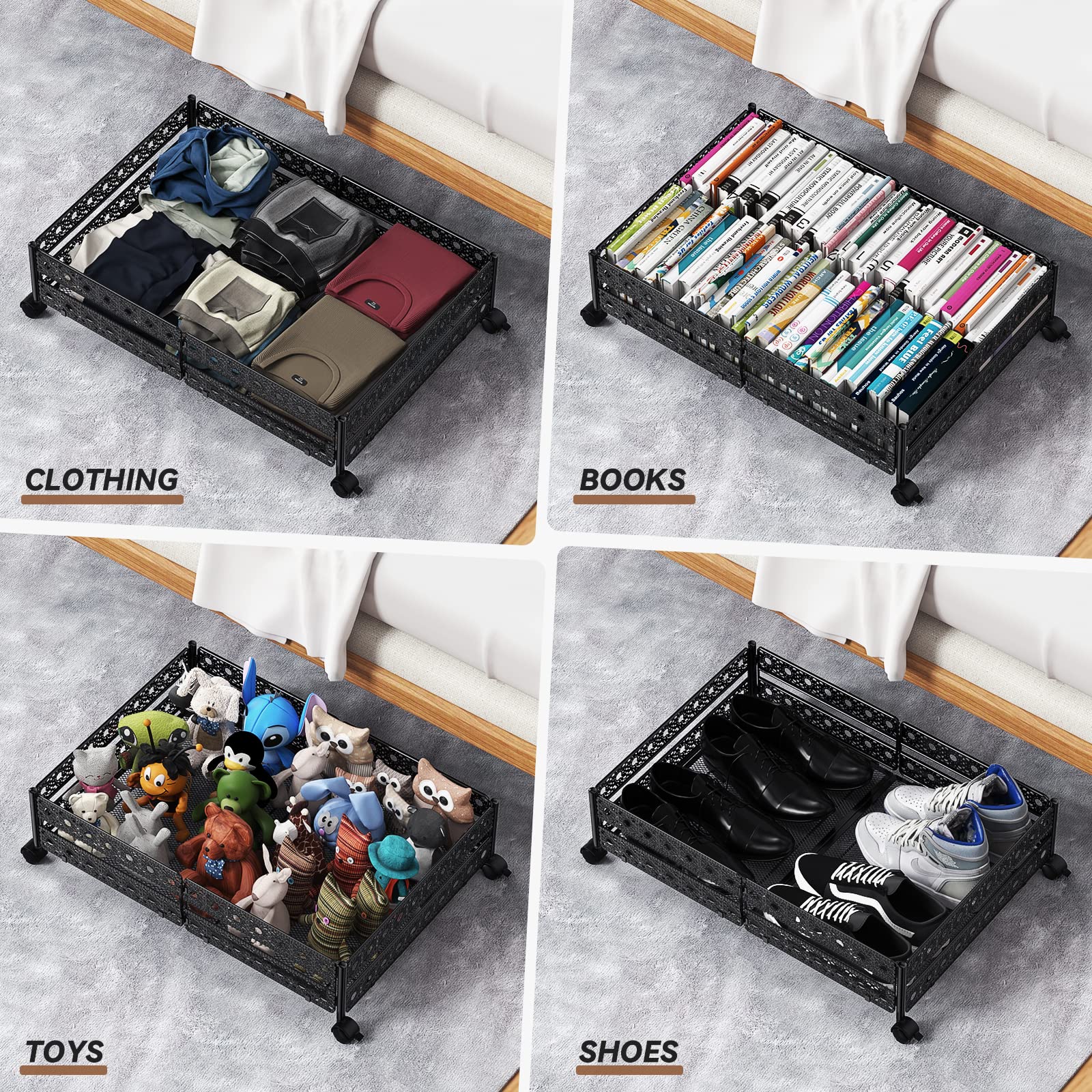 Under Bed Storage, Under the Bed Storage Containers with Wheels, Under Bed Shoe Storage Organizer Drawer, Tool-free Assembly Metal Underbed Storage Containers for Bedroom Clothes Shoes Blankets-1 Pack