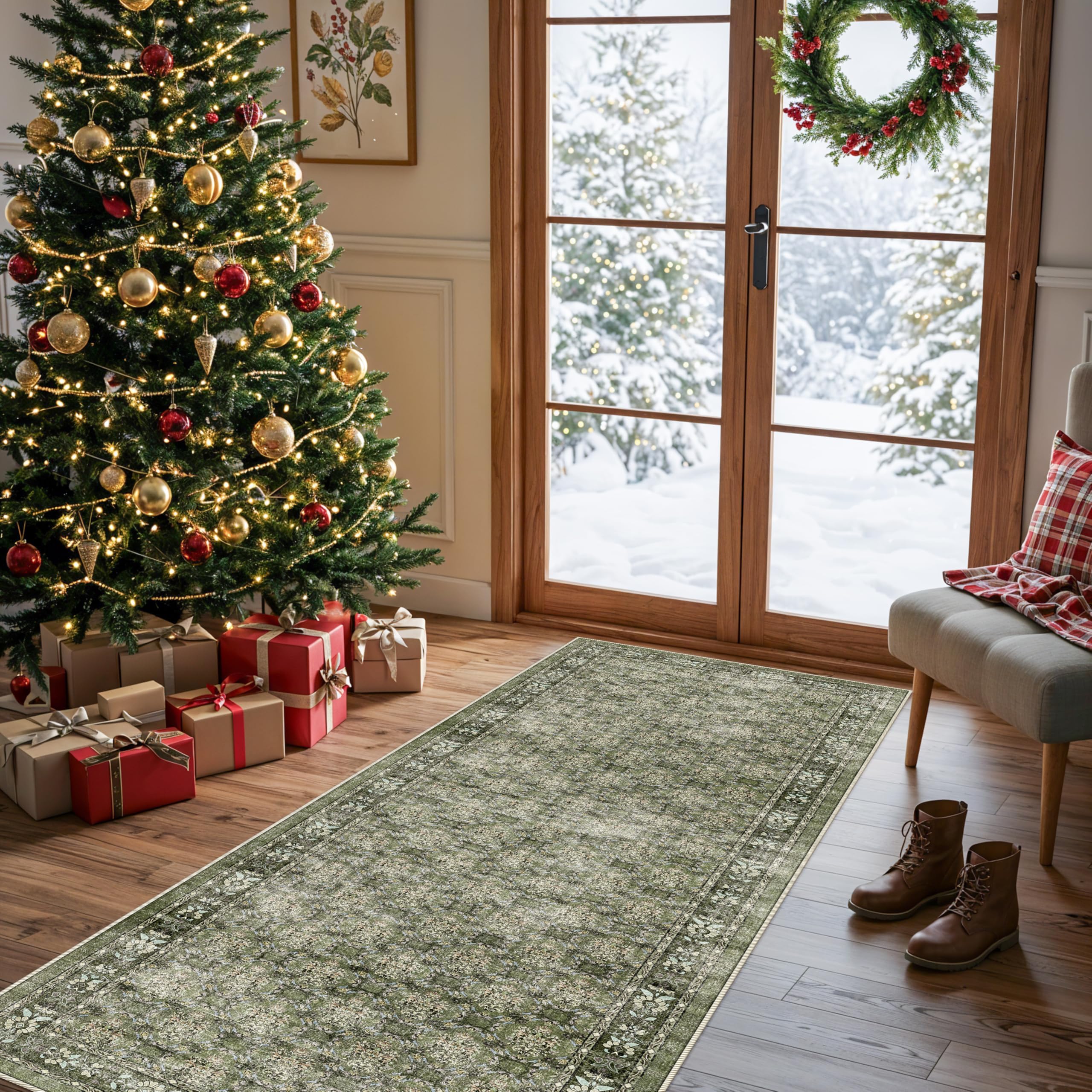 Washable 2x6 Runner Rug for Kitchen: Easy-Clean Carpet with Non-Slip Backing for Bedroom Entryway Stain-Resistant Shedding-Free Floor Mat โ Perfect for High-Traffic Areas with Pets (Green,2x6)