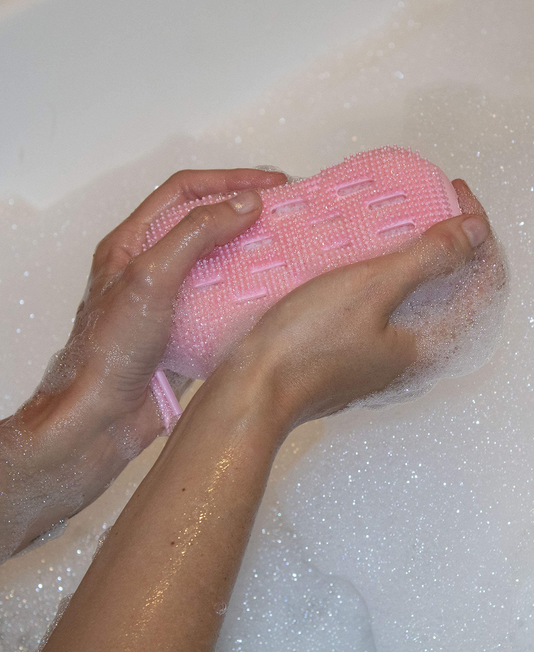 Cepillo exfoliante de silicona para baño o ducha de doble cara, esponja de lufa con esponja integrada – Limpia, masajea y estimula la circulación, paquete de 2 - rosa/gris