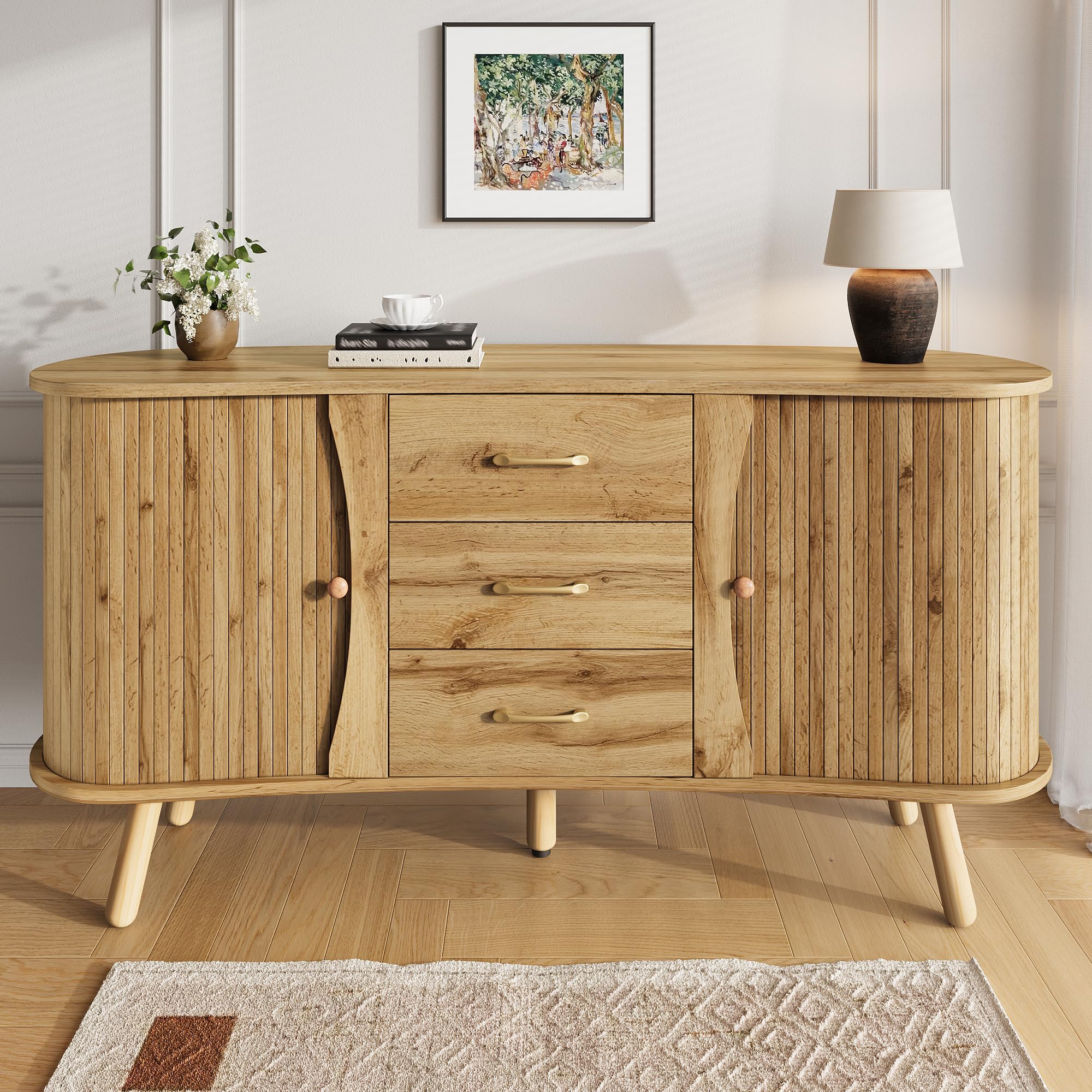 Ensemble de salon 3 pièces de style japonais avec meuble TV bas buffet et table basse en forme de pois organique avec portes coulissantes aspect bois avec pieds en bois massif chêne naturel