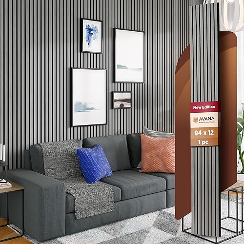 Avana Paneles de pared modernos de madera acústica de 94.4 x 12.59 pulgadas, juego de 1 paneles acústicos de roble gris, paneles de pared para