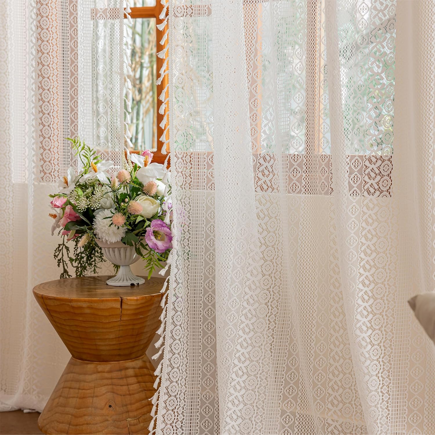 Sutuo Home Boho Lace Curtains 84 Inches Long for Bedroom&Living Room, Bohemian Crochet Privacy Farmhouse Vintage Chic Tassels Ivory Retro Window Sheer Curtains Decor Rod Pocket, 2 Panels 50" W,White