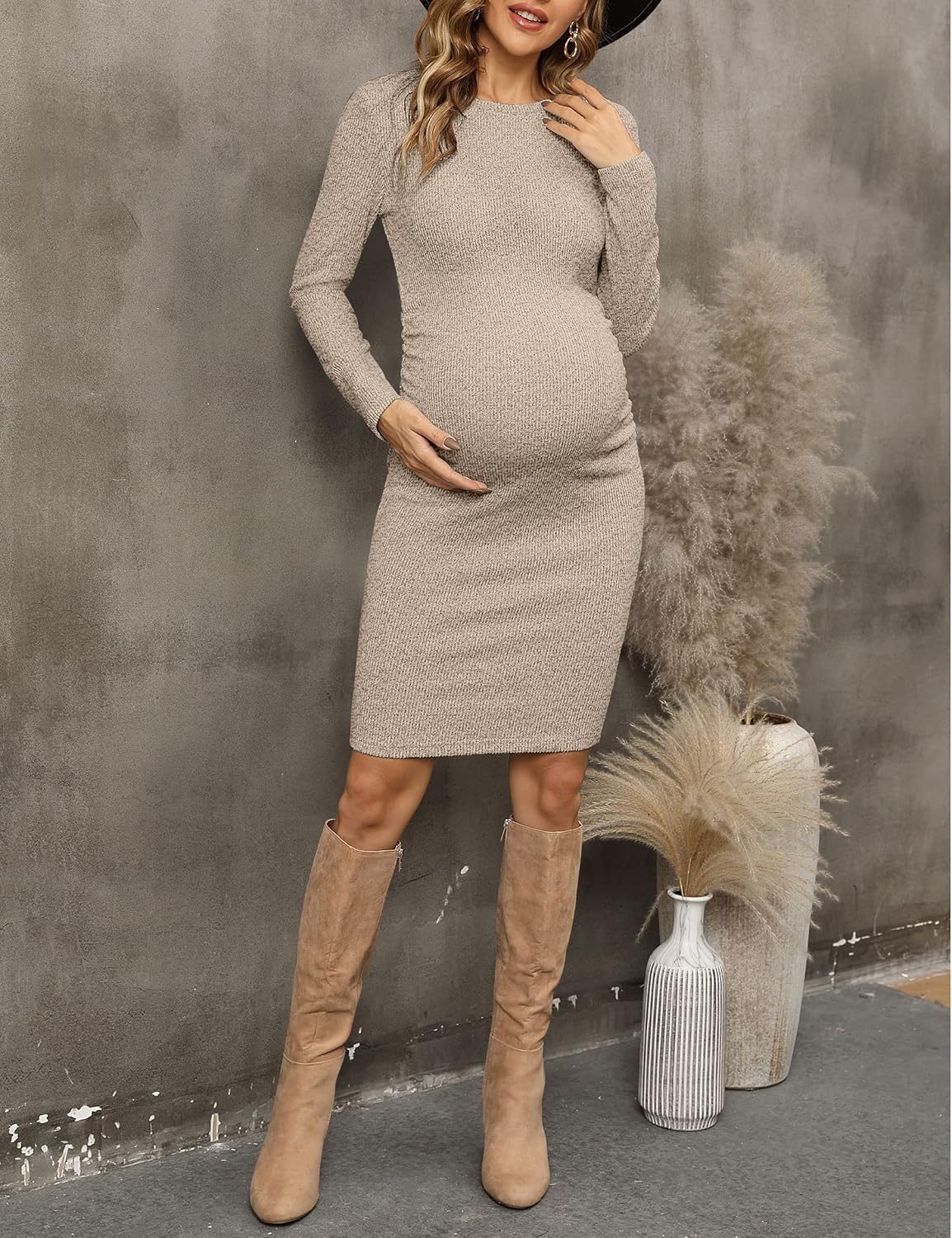 Womens Long Sleeve Knit Ribbed Maternity Dress, Ruched Midi Maternity Bodycon Dress Casual Work - Image 3