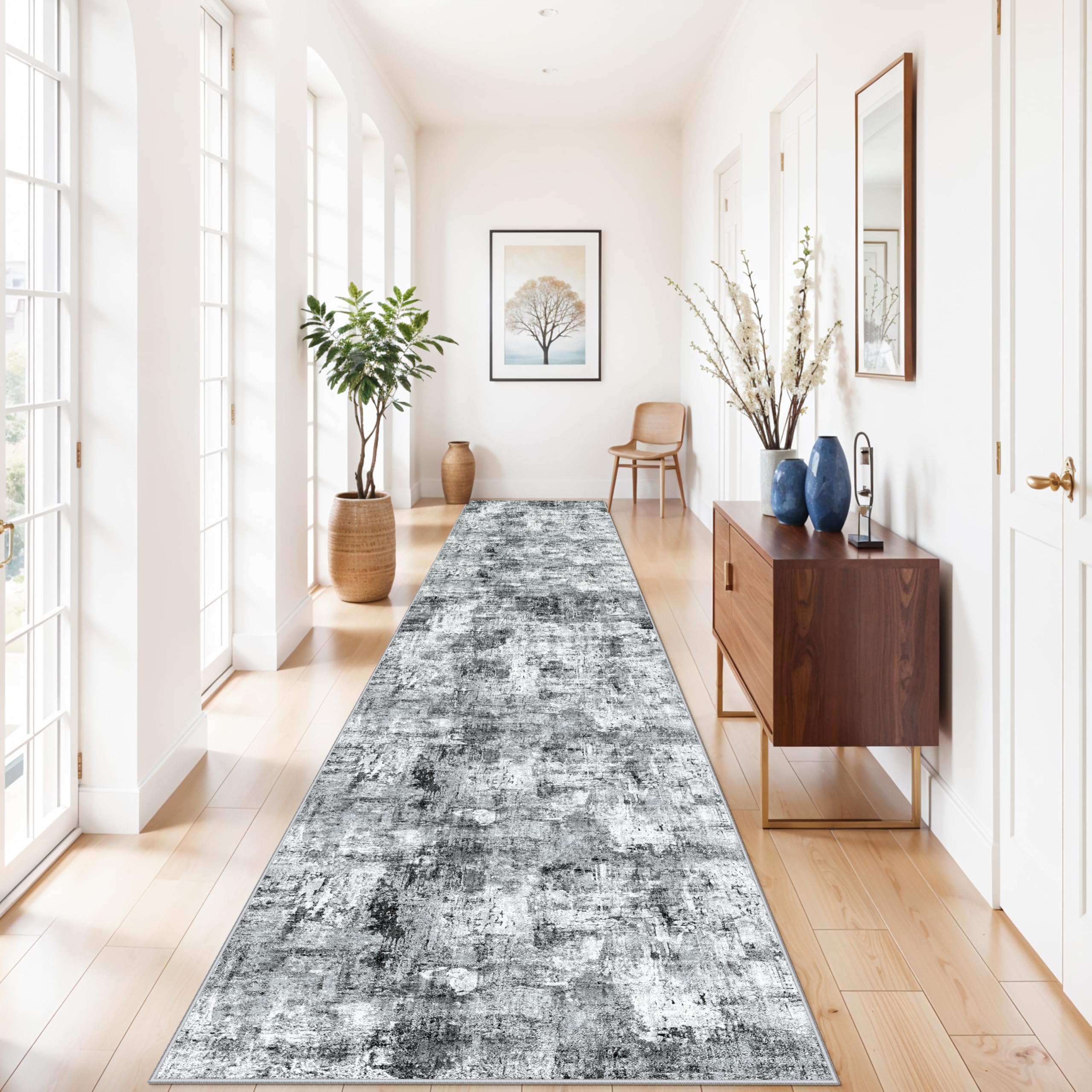 3x15 Ft Long Hallway Runner Rug - Non-Slip Washable Kitchen Runner Rug with Rubber Backing | Modern Abstract Wide Floor Carpet Runner for Indoor Entryway, Bedroom, Living Room(Grey) — image 1