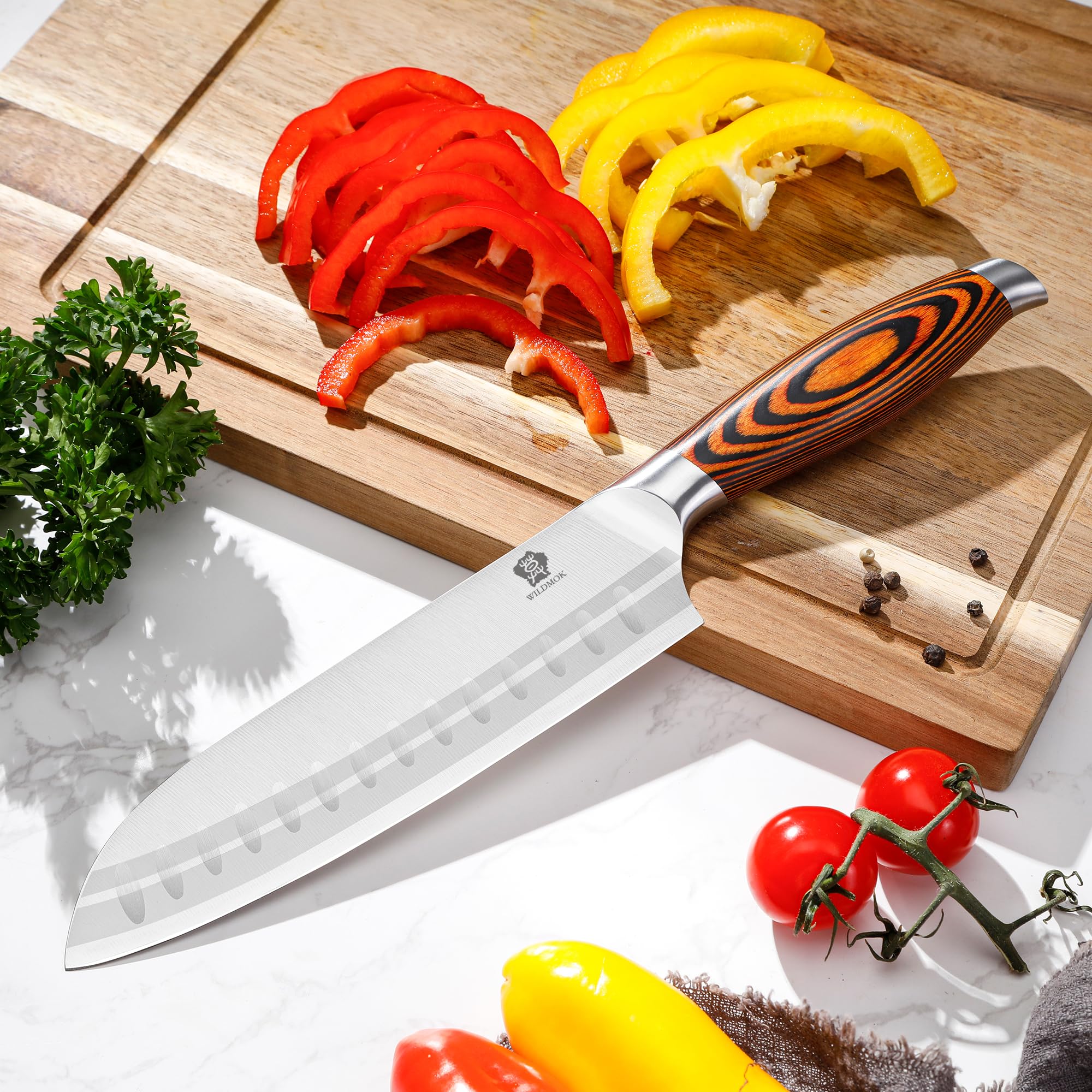 WILDMOK 18cm Santoku Messer Asiatischer Art, Santokumesser, Deutsch Edelstahl Küchenmesser mit ergonomischem Griff für Haus und Restaurant