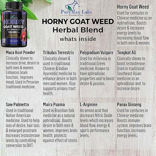 Miniatura 3 de Horny Goat Weed Extra Strength - 120 cápsulas con maca, L-arginina, ginseng - Aumenta el deseo, el rendimiento, la resistencia, la energía, la