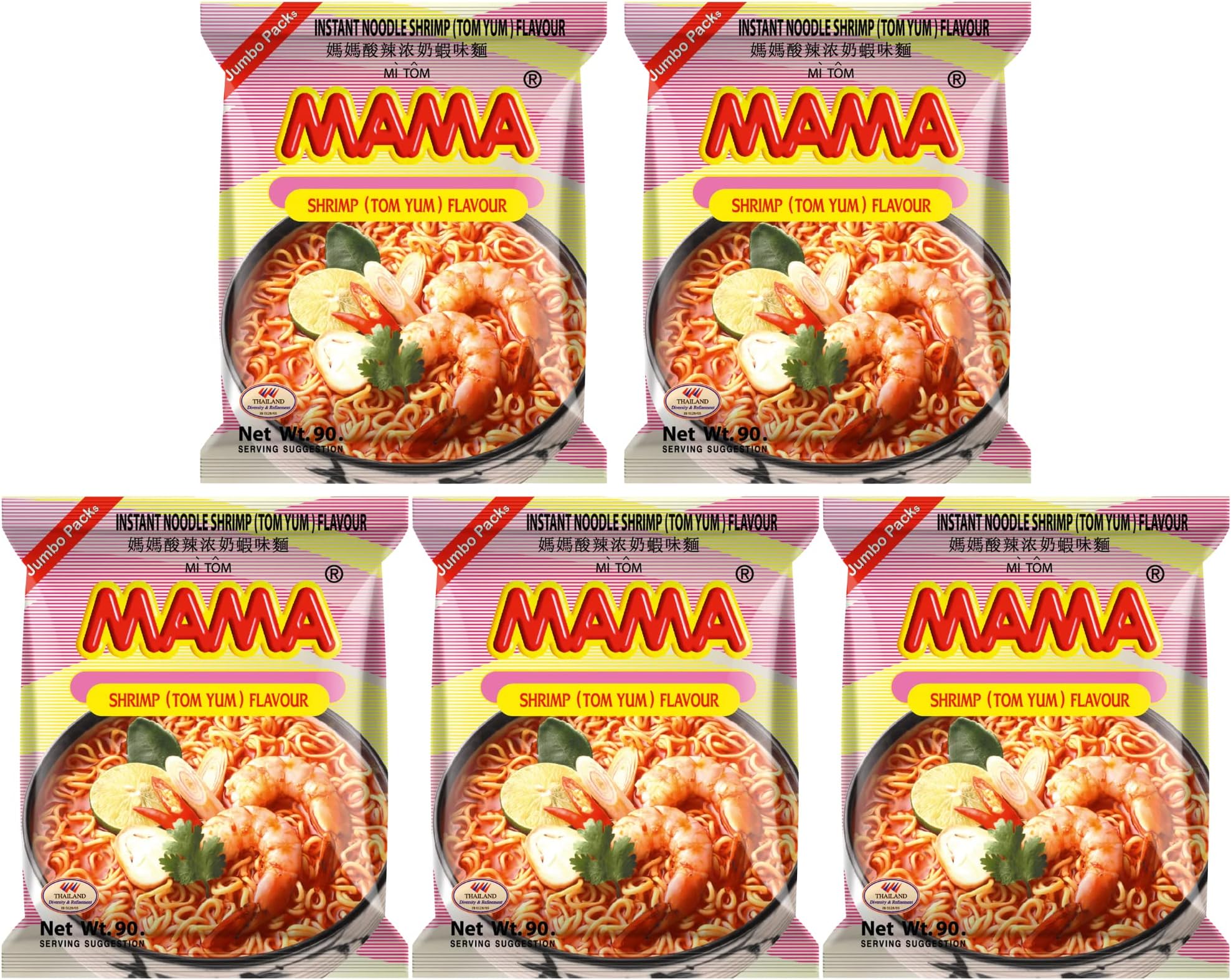 MAMA Instant Noodles Shrimp Tom Yum Flavour 90g Jumbo (Pack of 5)